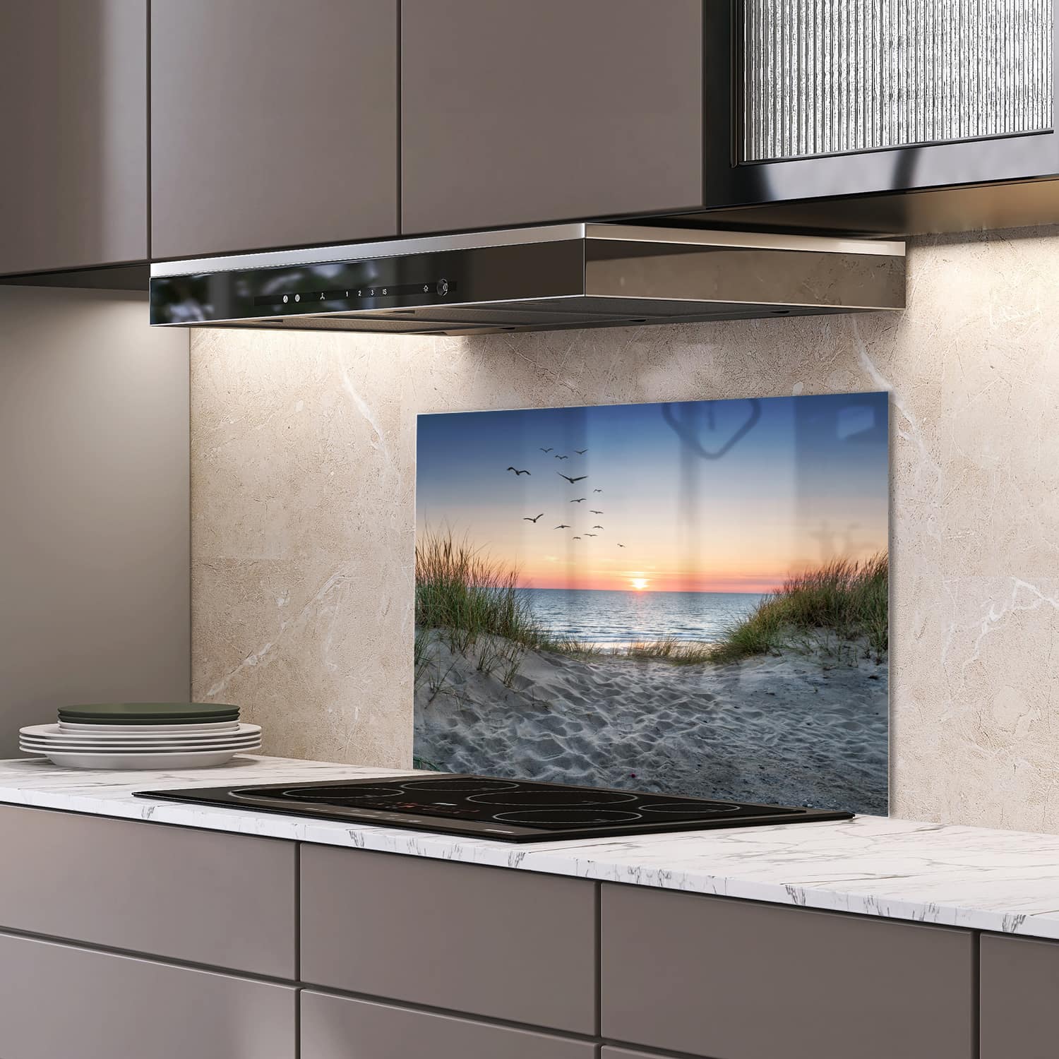 Eigen afmeting spatscherm-op-maat Keuken - Hittebestendig gehard glas - Duinen bij Zonsondergang