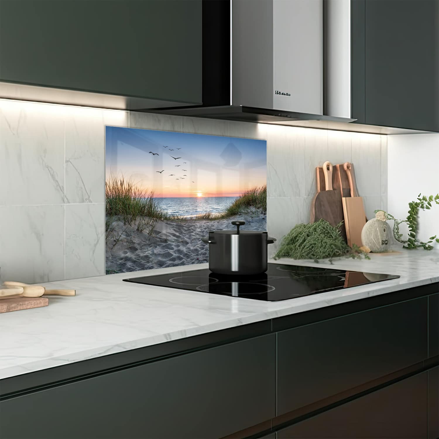 Eigen afmeting spatscherm-op-maat Keuken - Hittebestendig gehard glas - Duinen bij Zonsondergang