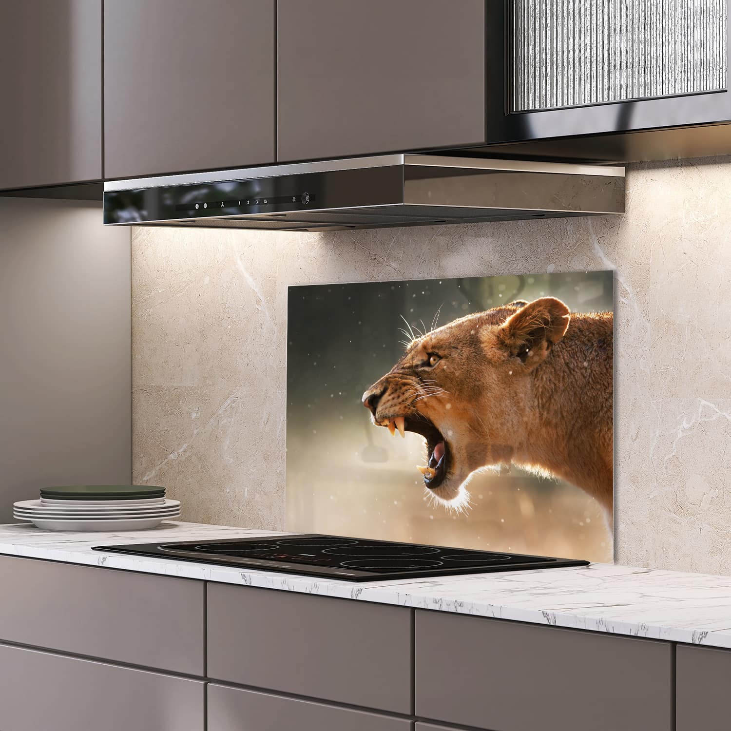 Eigen afmeting spatscherm-op-maat Keuken - Hittebestendig gehard glas - Woeste Leeuwin