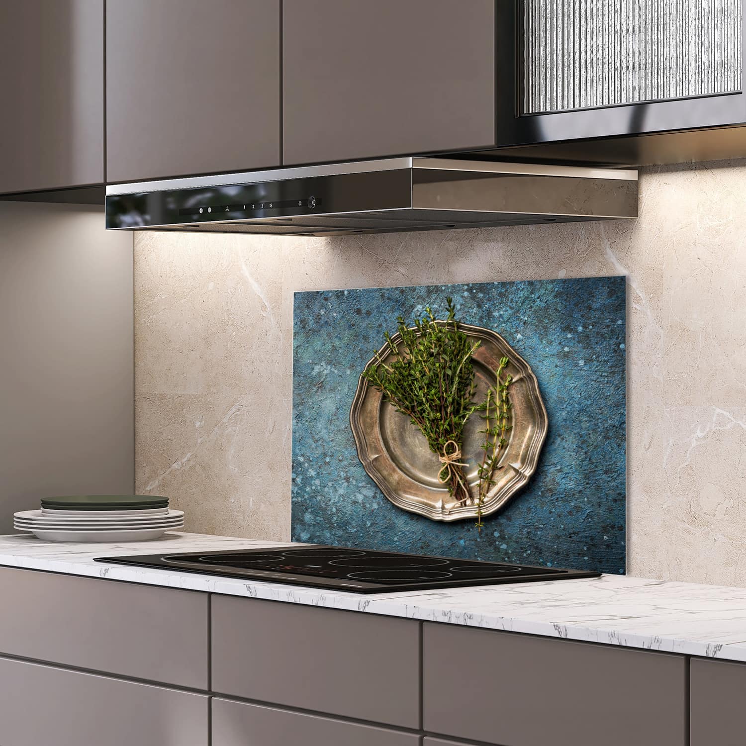 Eigen afmeting spatscherm-op-maat Keuken - Hittebestendig gehard glas - Verse Tijm