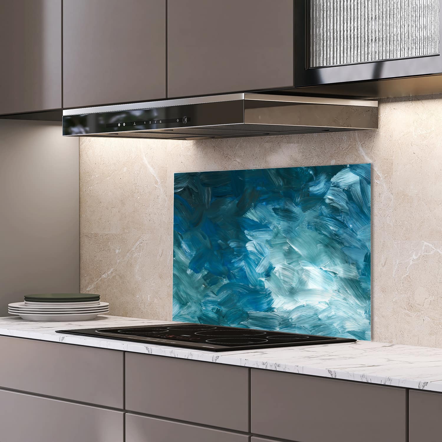 Eigen afmeting spatscherm-op-maat Keuken - Hittebestendig gehard glas - Abstracte Blauwe Penseelstroken