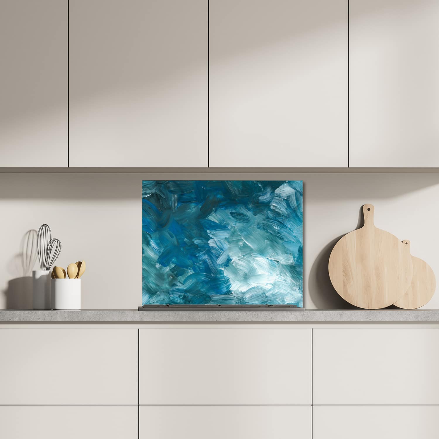 Eigen afmeting spatscherm-op-maat Keuken - Hittebestendig gehard glas - Abstracte Blauwe Penseelstroken