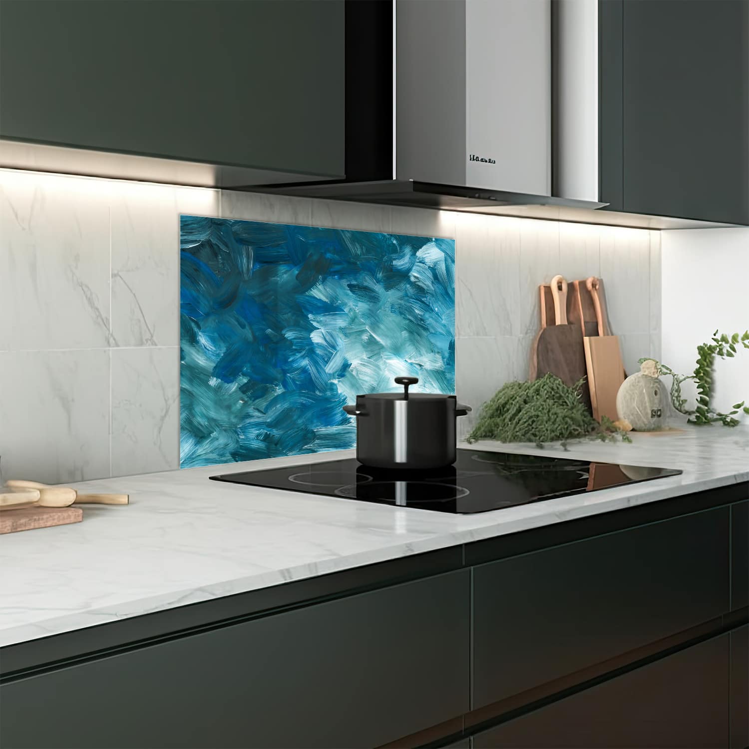 Eigen afmeting spatscherm-op-maat Keuken - Hittebestendig gehard glas - Abstracte Blauwe Penseelstroken