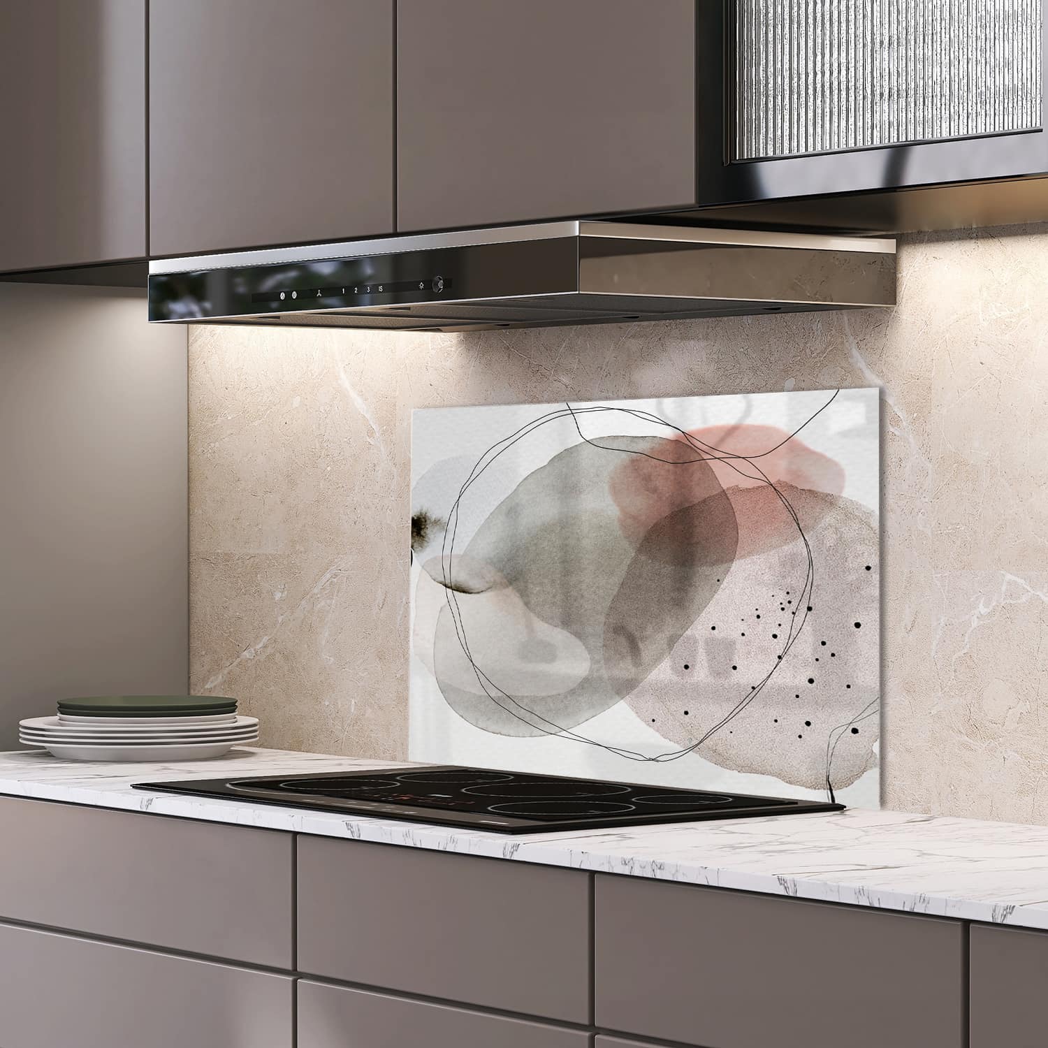 Eigen afmeting spatscherm-op-maat Keuken - Hittebestendig gehard glas - Abstract Waterverf Ontwerp