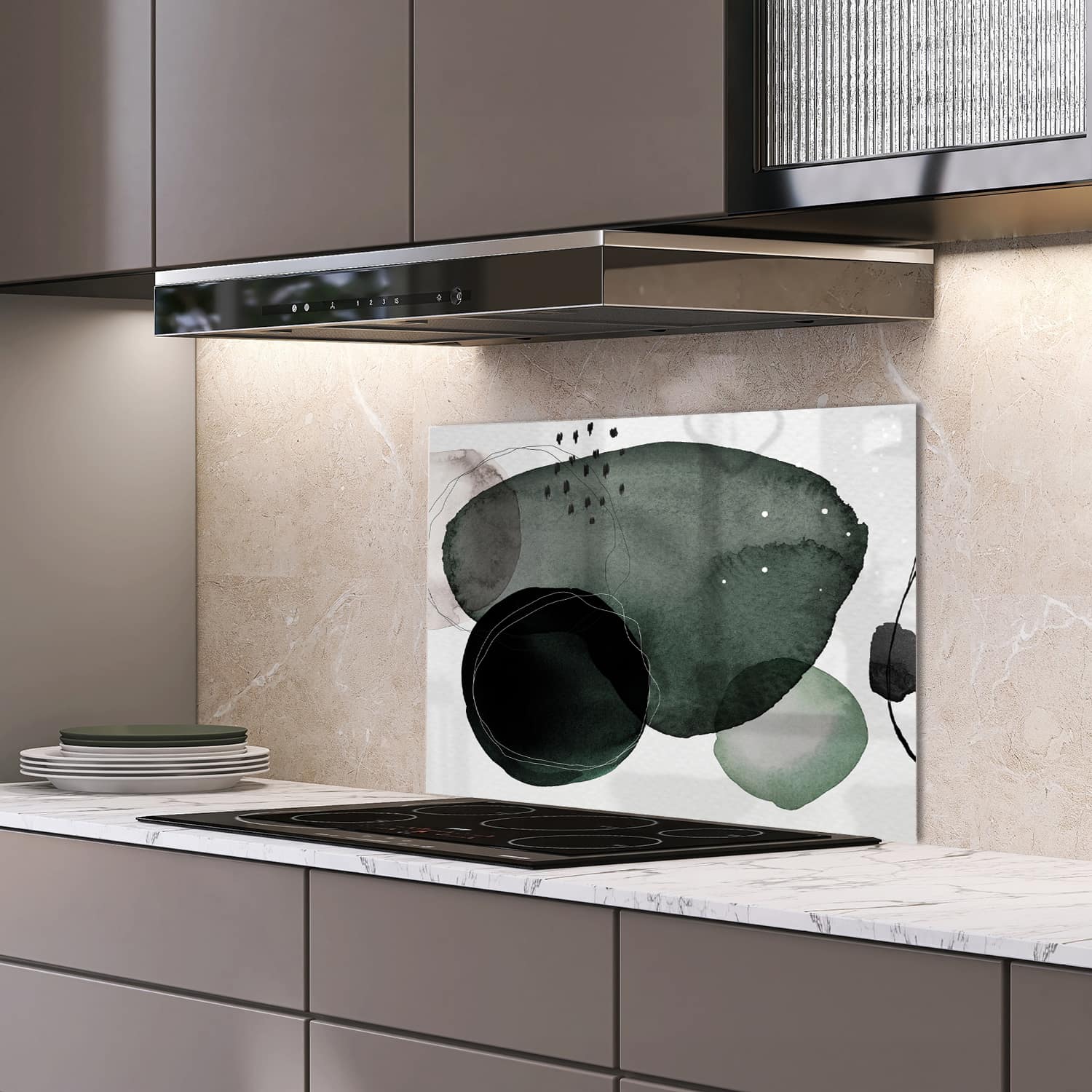 Eigen afmeting spatscherm-op-maat Keuken - Hittebestendig gehard glas - Donker Abstract Waterverf Ontwerp