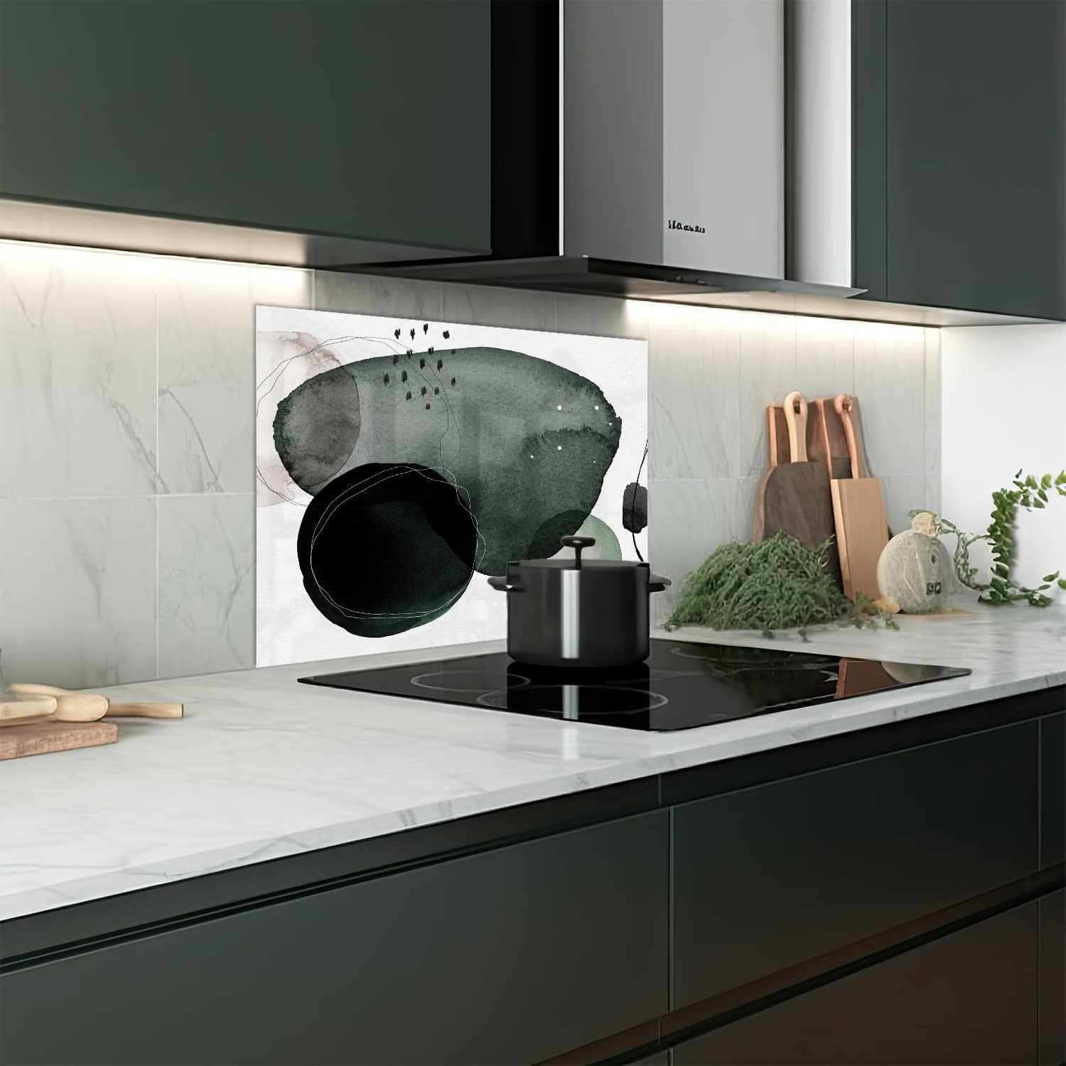 Eigen afmeting spatscherm-op-maat Keuken - Hittebestendig gehard glas - Donker Abstract Waterverf Ontwerp