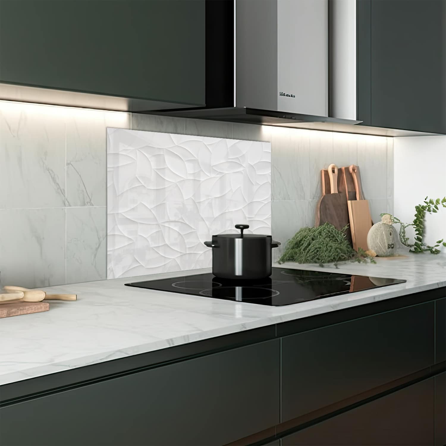 Eigen afmeting spatscherm-op-maat Keuken - Hittebestendig gehard glas - Blader Textuur op Tegels