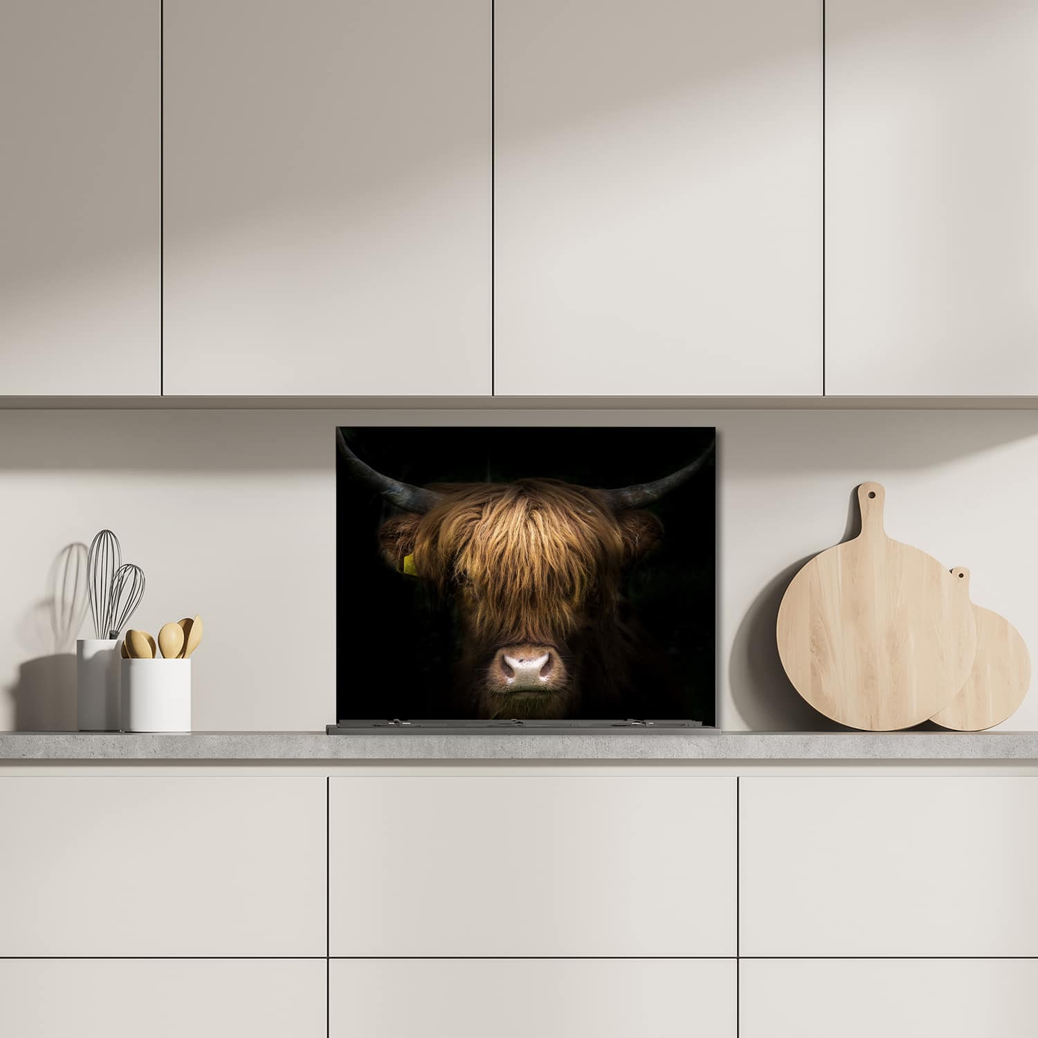 Eigen afmeting spatscherm-op-maat Keuken - Hittebestendig gehard glas - Portret van Schotse Hooglander