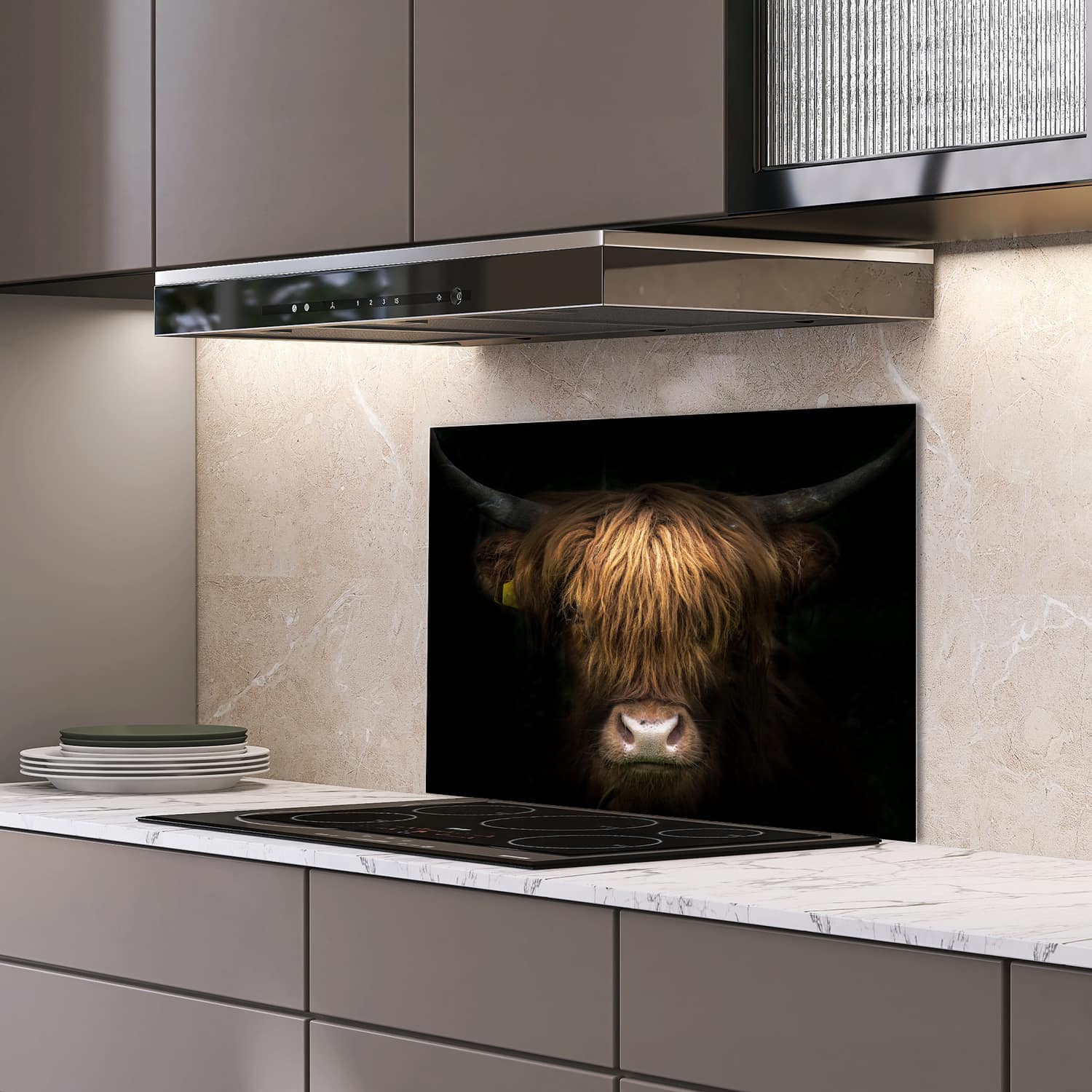 Eigen afmeting spatscherm-op-maat Keuken - Hittebestendig gehard glas - Portret van Schotse Hooglander