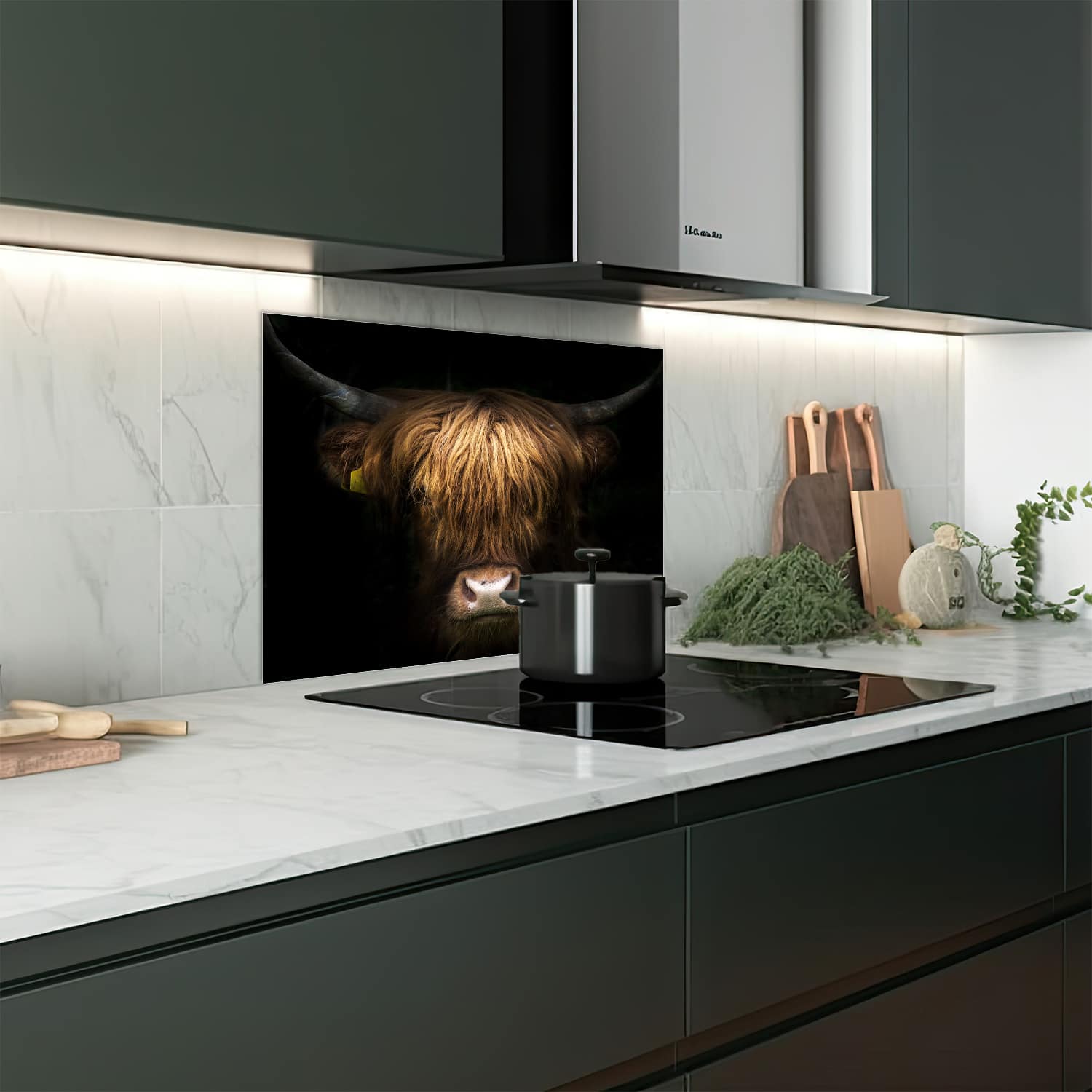Eigen afmeting spatscherm-op-maat Keuken - Hittebestendig gehard glas - Portret van Schotse Hooglander