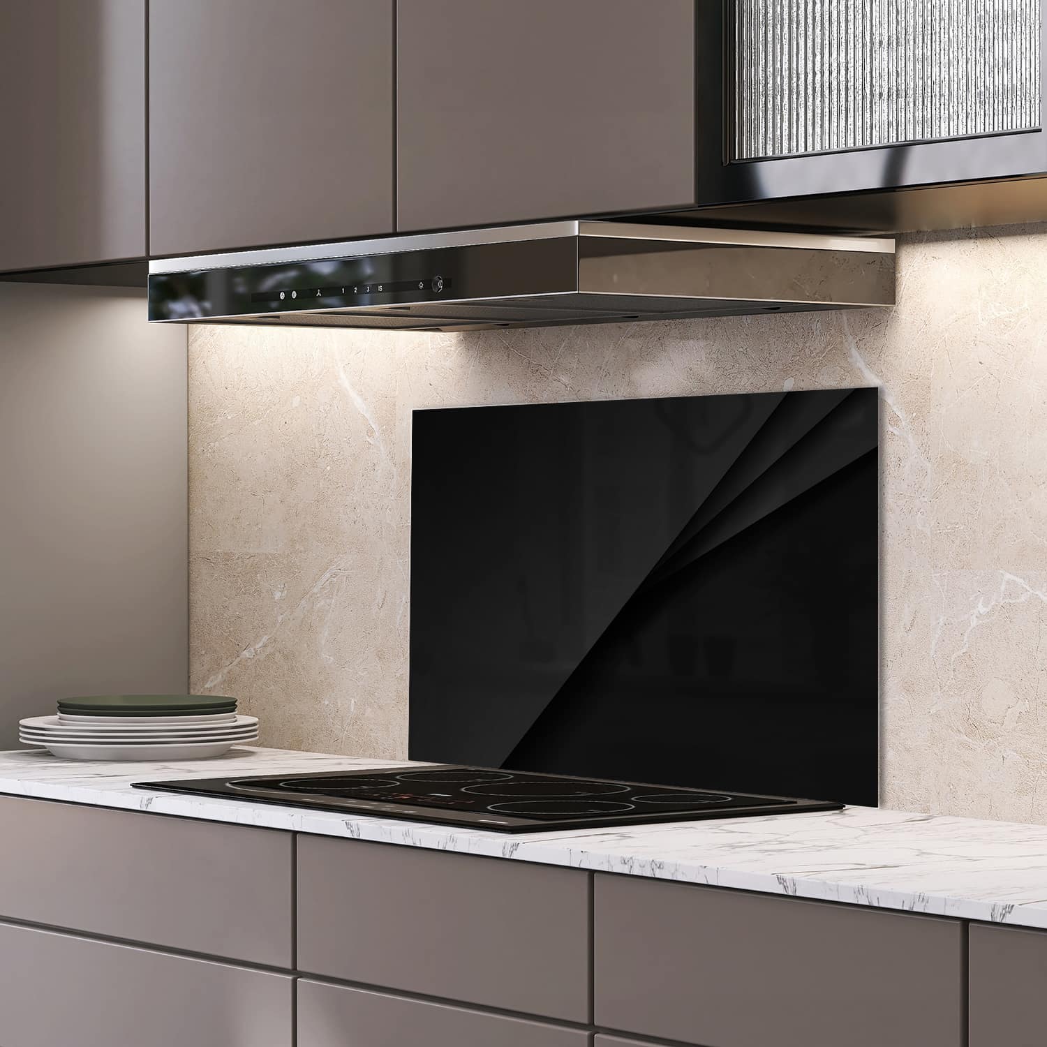 Eigen afmeting spatscherm-op-maat Keuken - Hittebestendig gehard glas - Zwart met Diepte