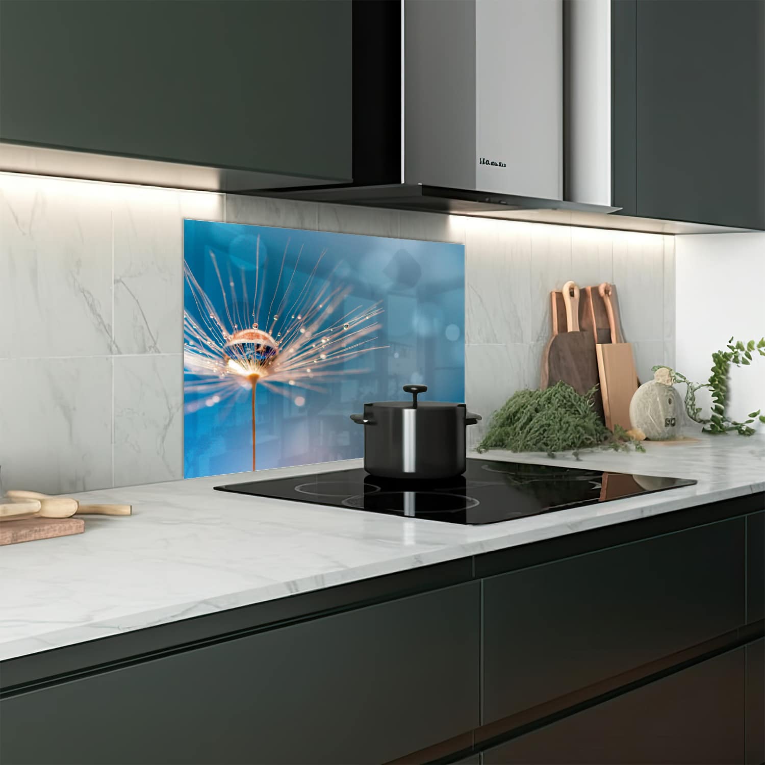 Eigen afmeting spatscherm-op-maat Keuken - Hittebestendig gehard glas - Natte Paardenbloem