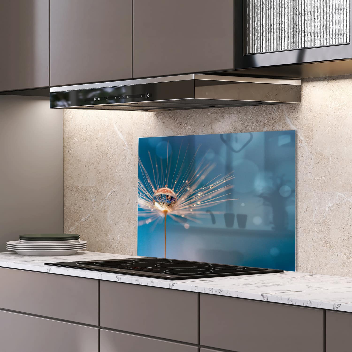 Eigen afmeting spatscherm-op-maat Keuken - Hittebestendig gehard glas - Natte Paardenbloem