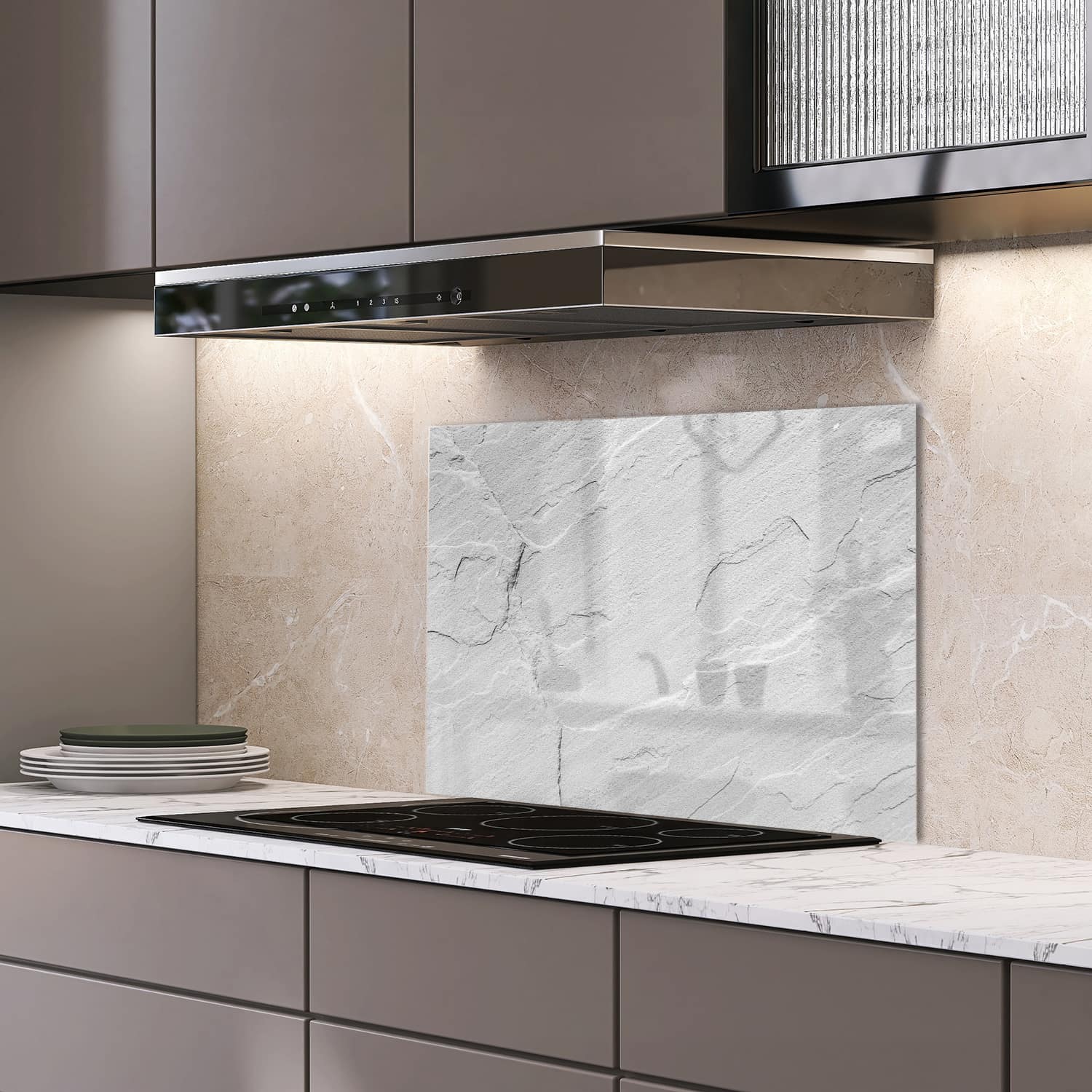 Eigen afmeting spatscherm-op-maat Keuken - Hittebestendig gehard glas - Witte Leisteen