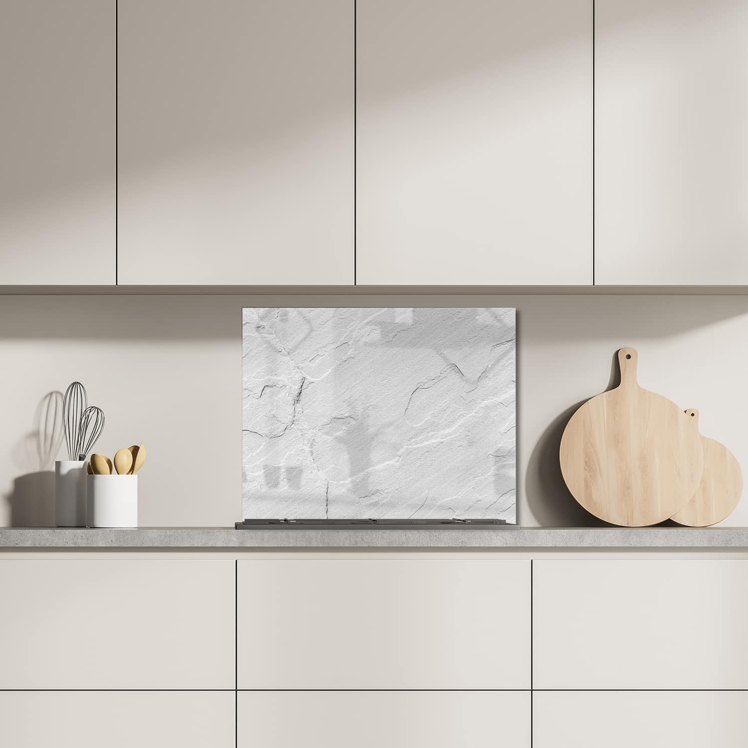 Eigen afmeting spatscherm-op-maat Keuken - Hittebestendig gehard glas - Witte Leisteen