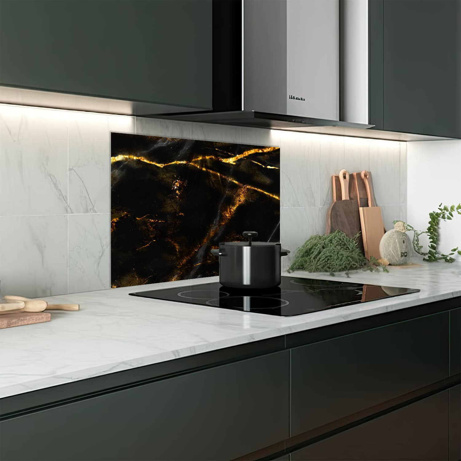 Eigen afmeting spatscherm-op-maat Keuken - Hittebestendig gehard glas - Gouden Aders op Zwart Marmer