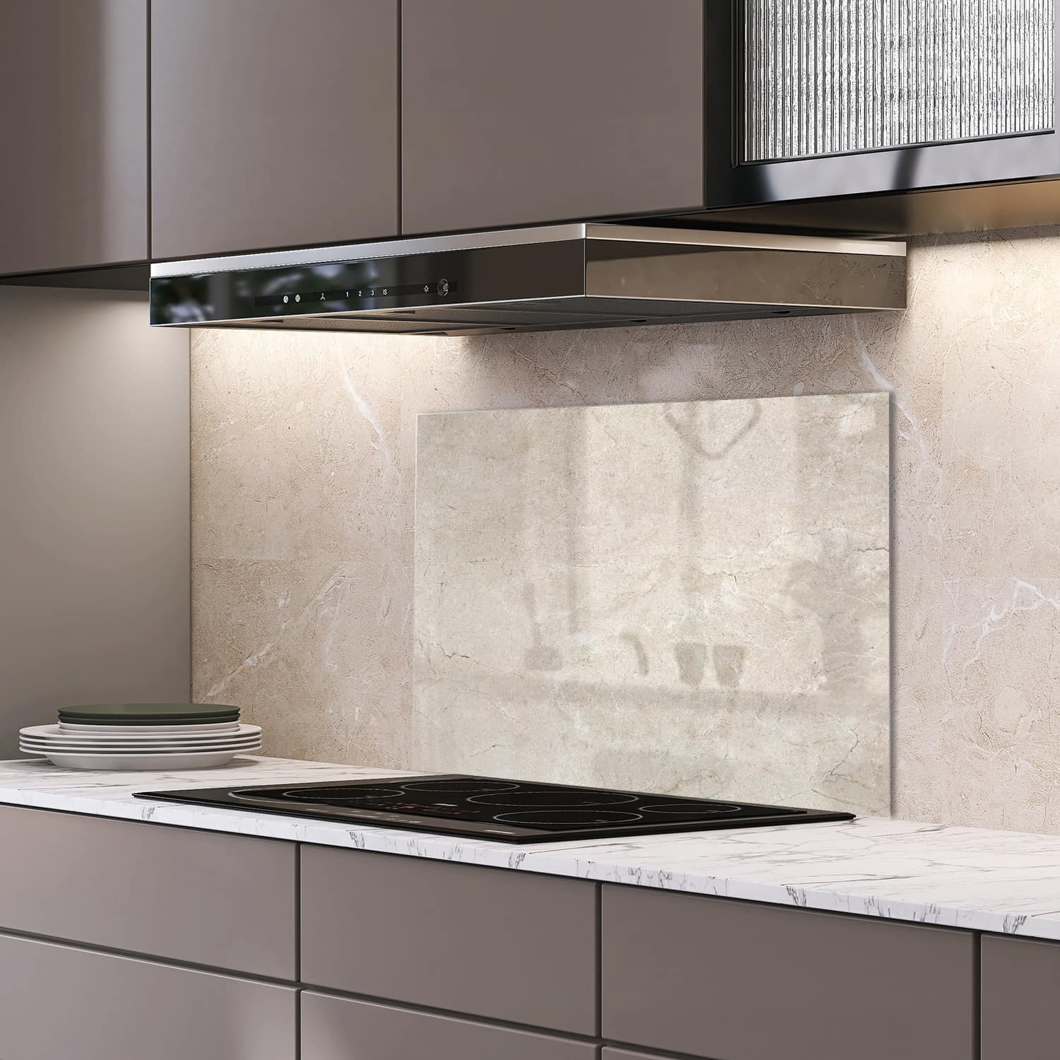 Eigen afmeting spatscherm-op-maat Keuken - Hittebestendig gehard glas - Marmer Textuur