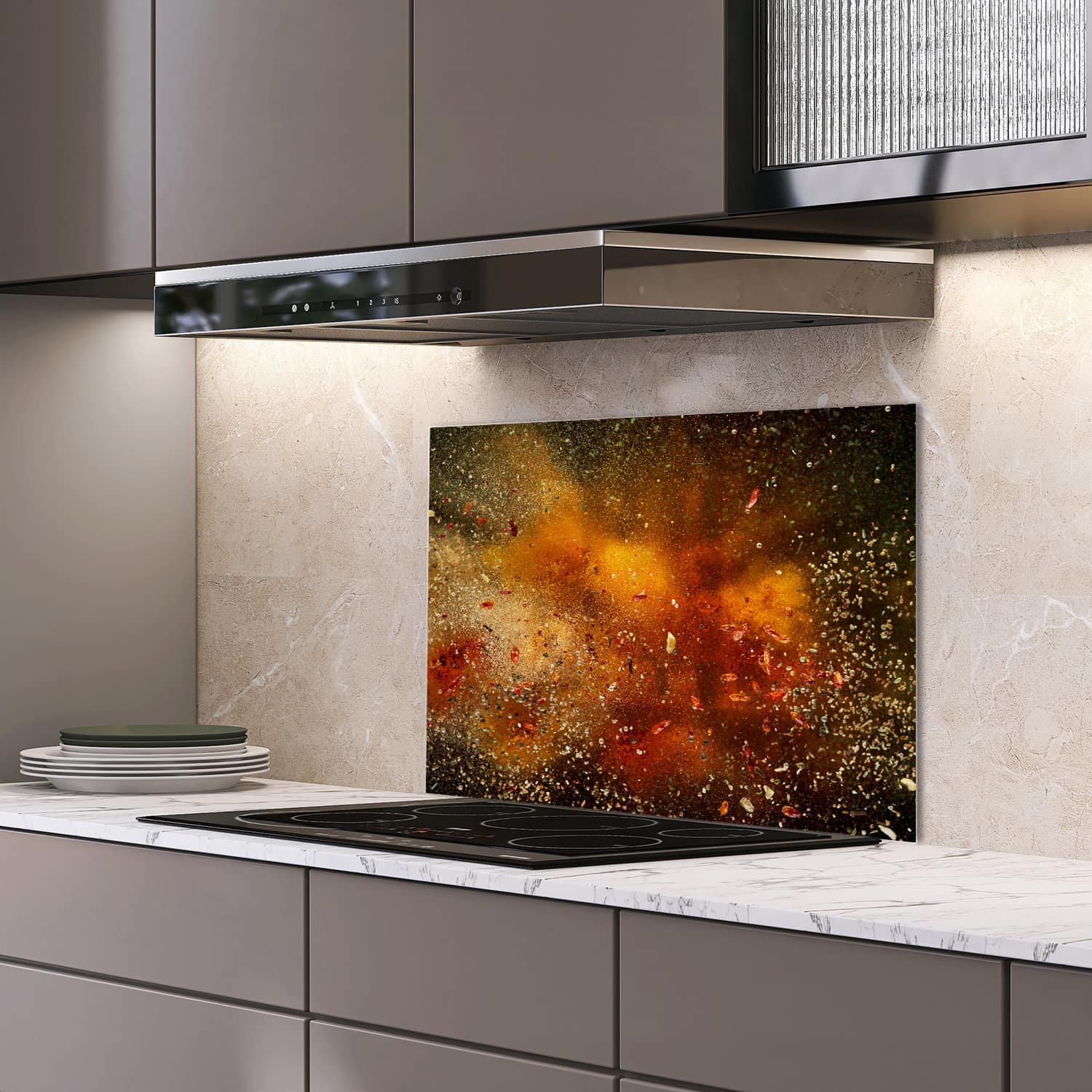 Eigen afmeting spatscherm-op-maat Keuken - Hittebestendig gehard glas - Kruidenexplosie