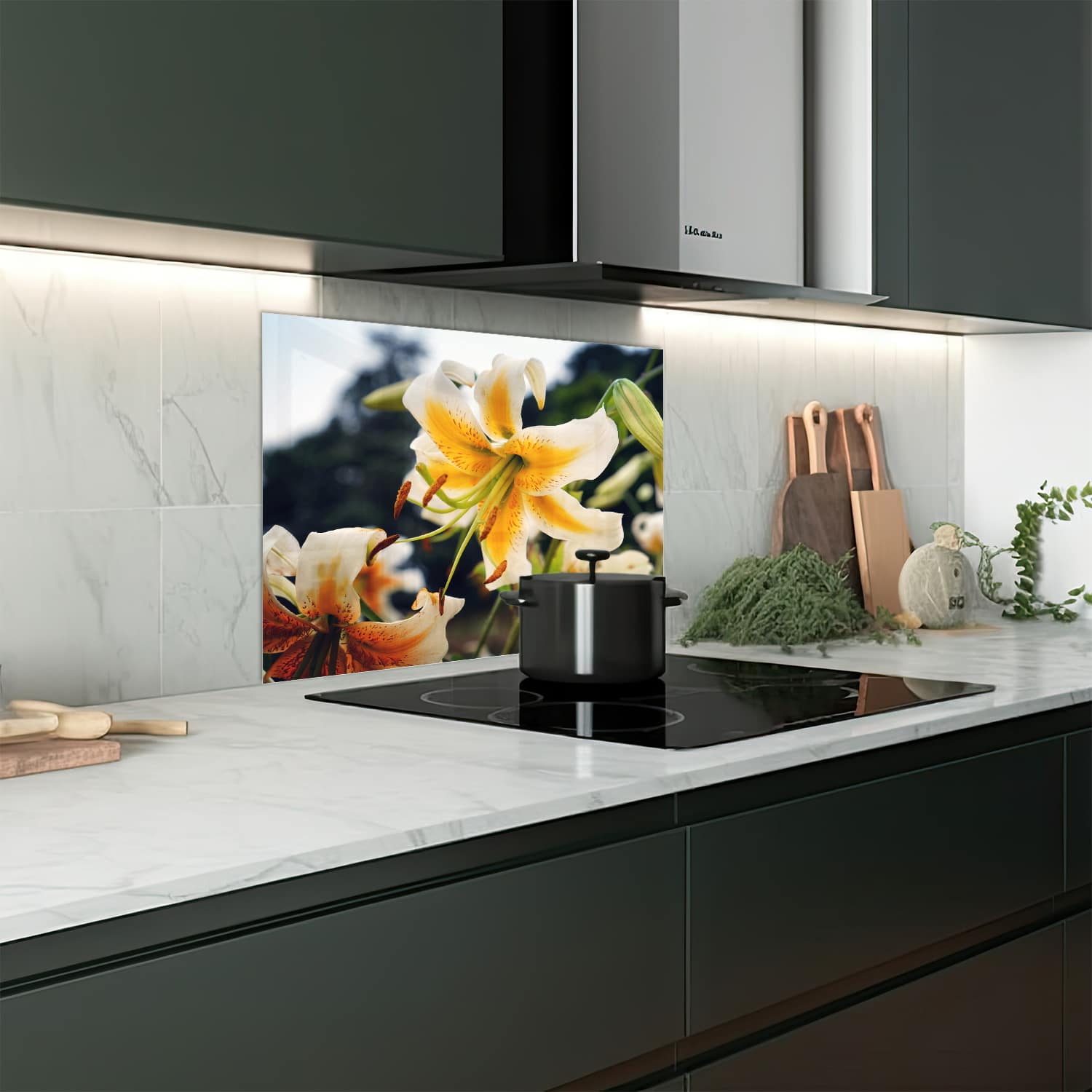 Eigen afmeting spatscherm-op-maat Keuken - Hittebestendig gehard glas - Zomerse Lelie
