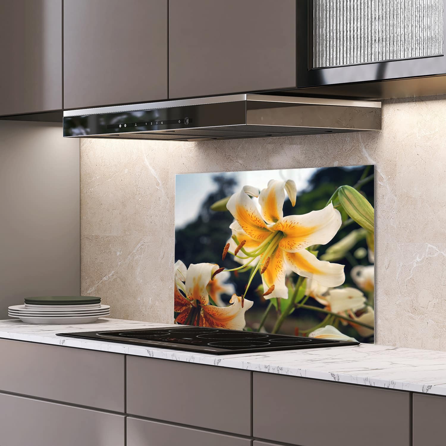 Eigen afmeting spatscherm-op-maat Keuken - Hittebestendig gehard glas - Zomerse Lelie