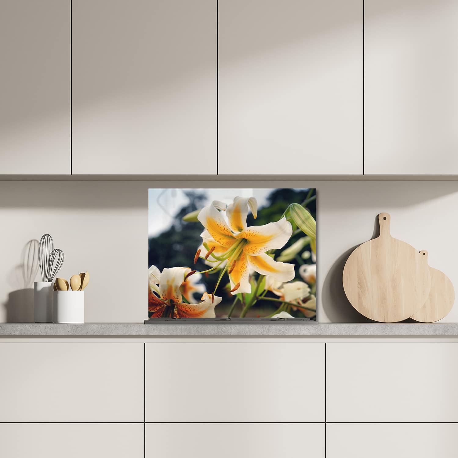 Eigen afmeting spatscherm-op-maat Keuken - Hittebestendig gehard glas - Zomerse Lelie