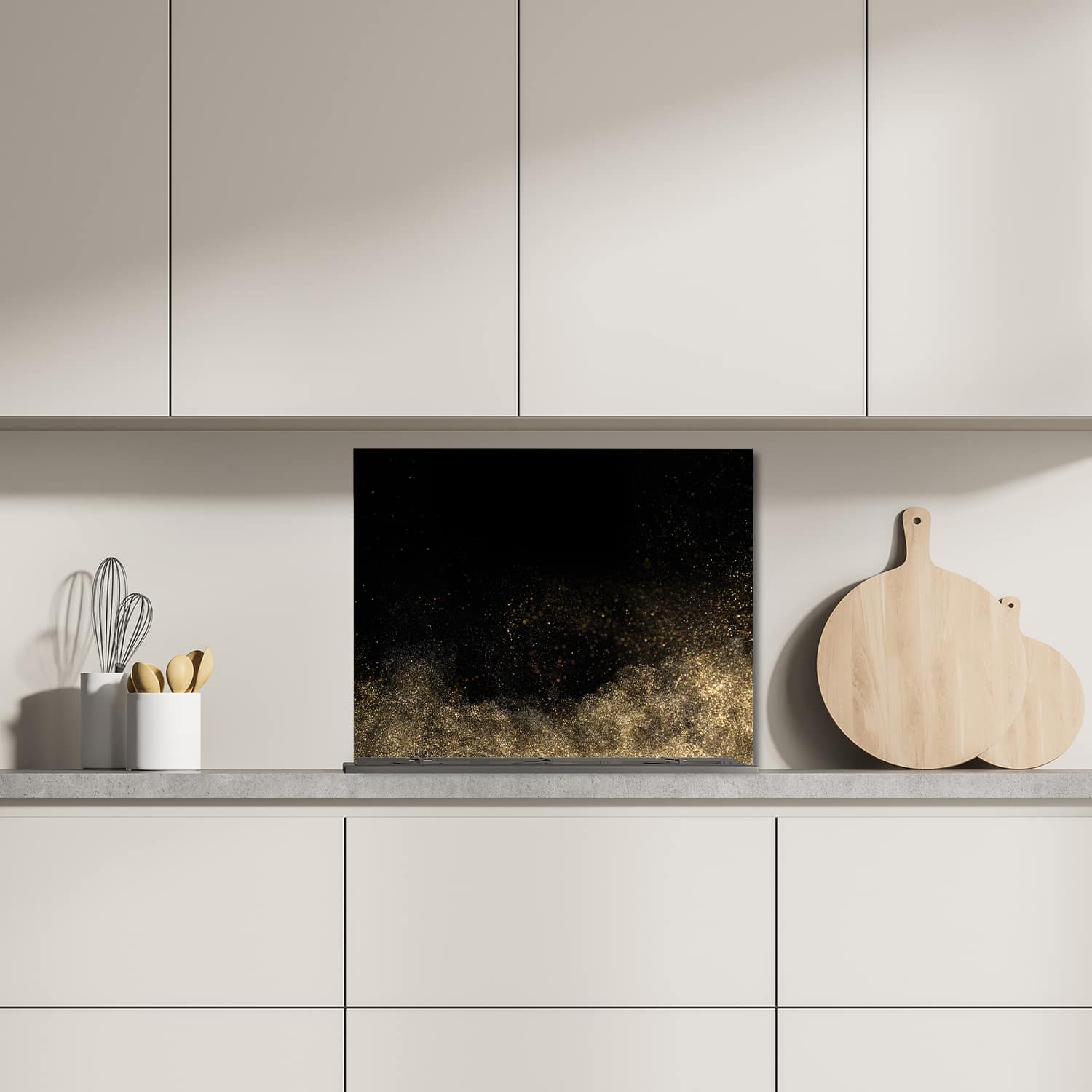 Eigen afmeting spatscherm-op-maat Keuken - Hittebestendig gehard glas - Gouden Glitter Poeder
