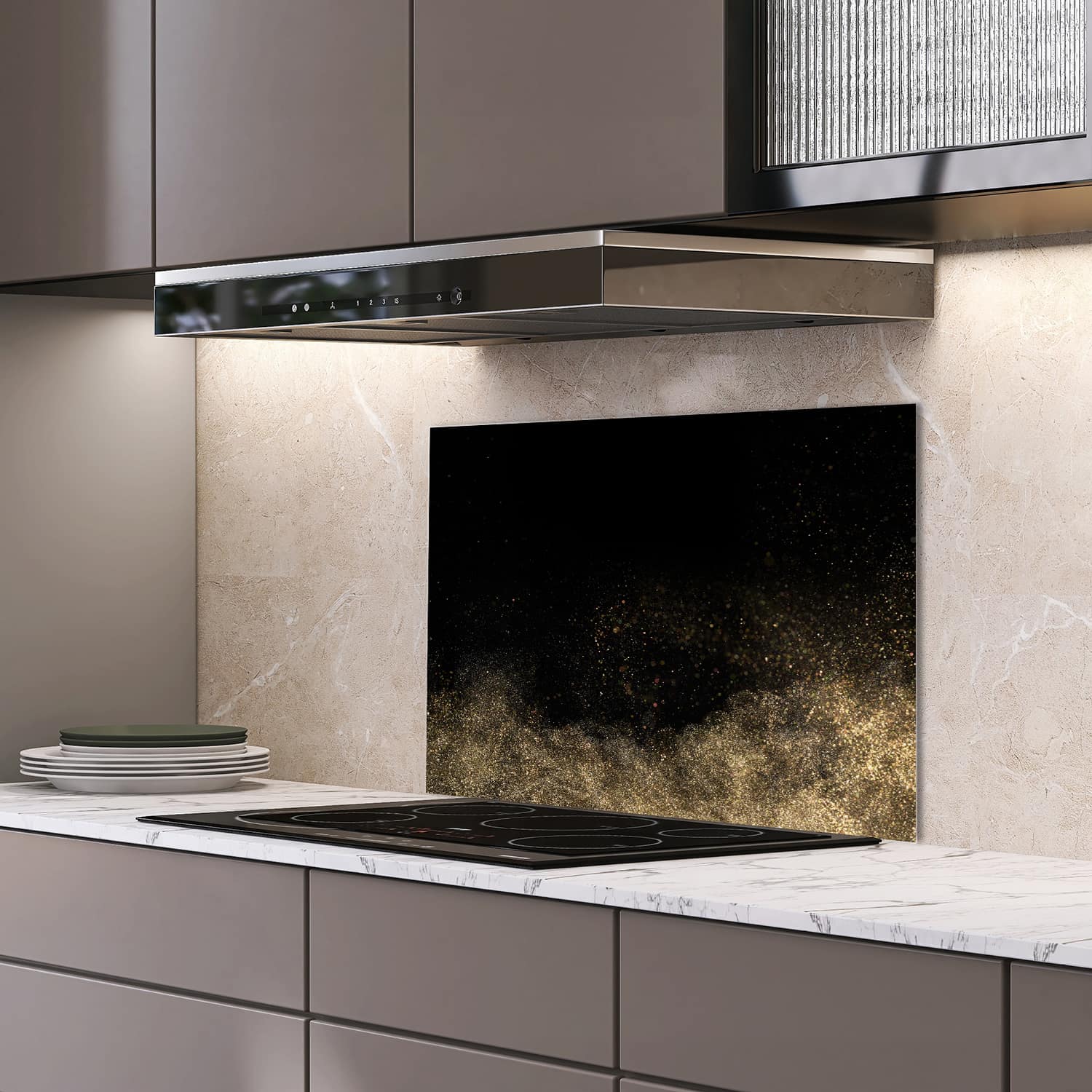 Eigen afmeting spatscherm-op-maat Keuken - Hittebestendig gehard glas - Gouden Glitter Poeder