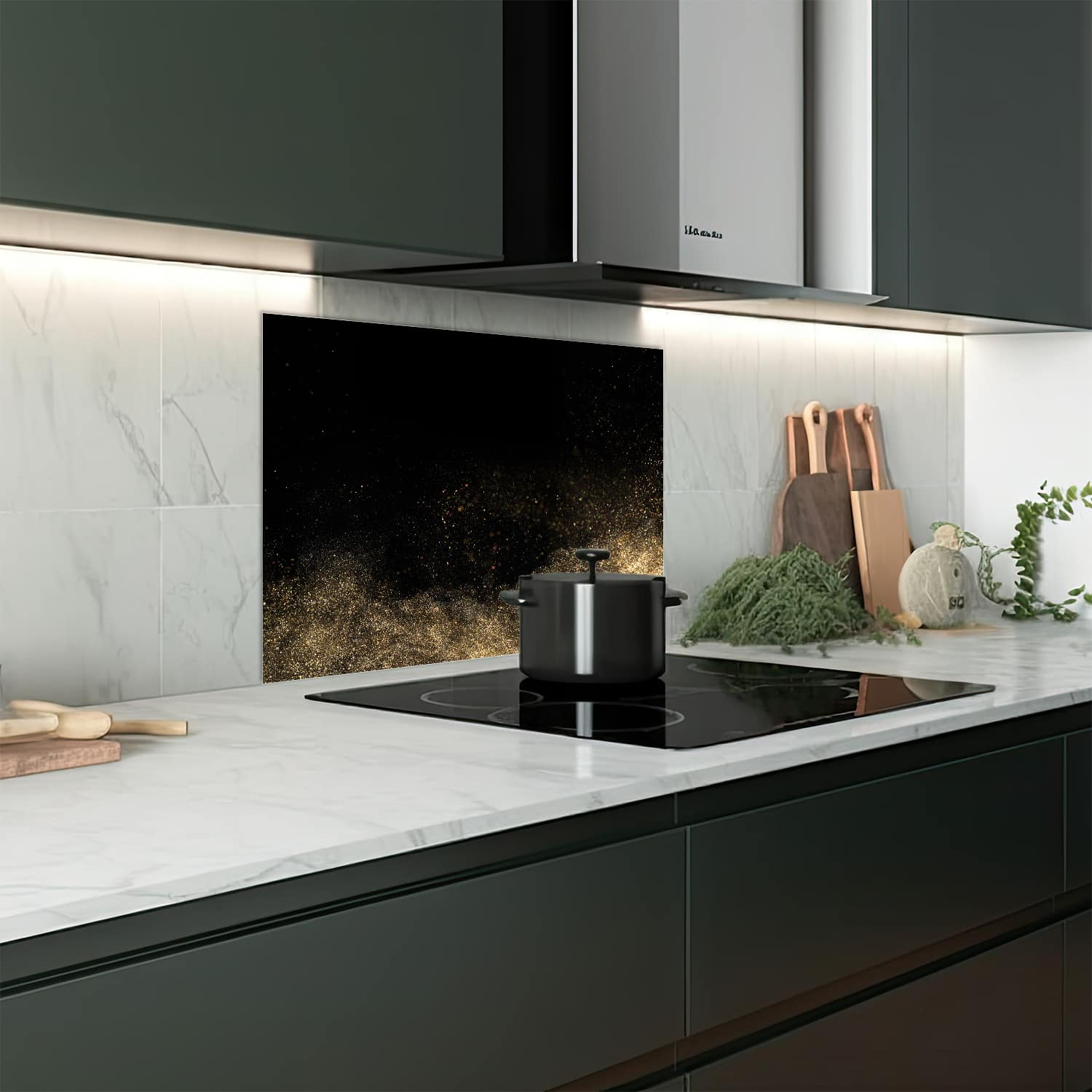 Eigen afmeting spatscherm-op-maat Keuken - Hittebestendig gehard glas - Gouden Glitter Poeder