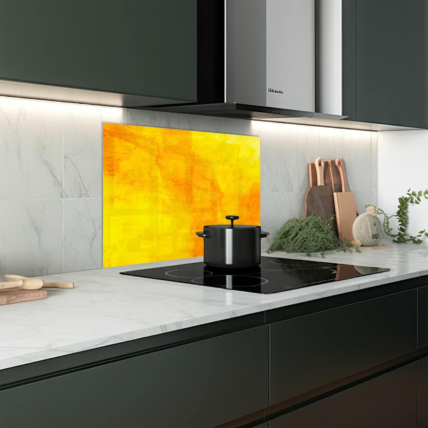 Eigen afmeting spatscherm-op-maat Keuken - Hittebestendig gehard glas - Oranje-Gele Waterverf