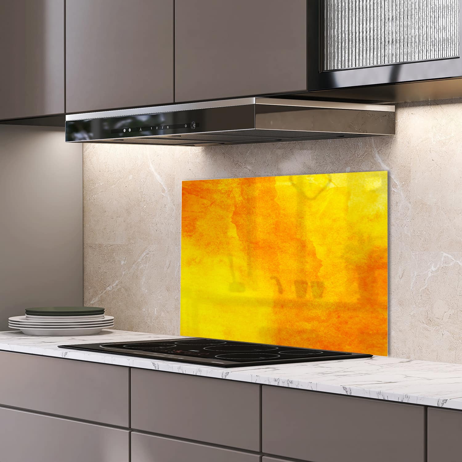 Eigen afmeting spatscherm-op-maat Keuken - Hittebestendig gehard glas - Oranje-Gele Waterverf