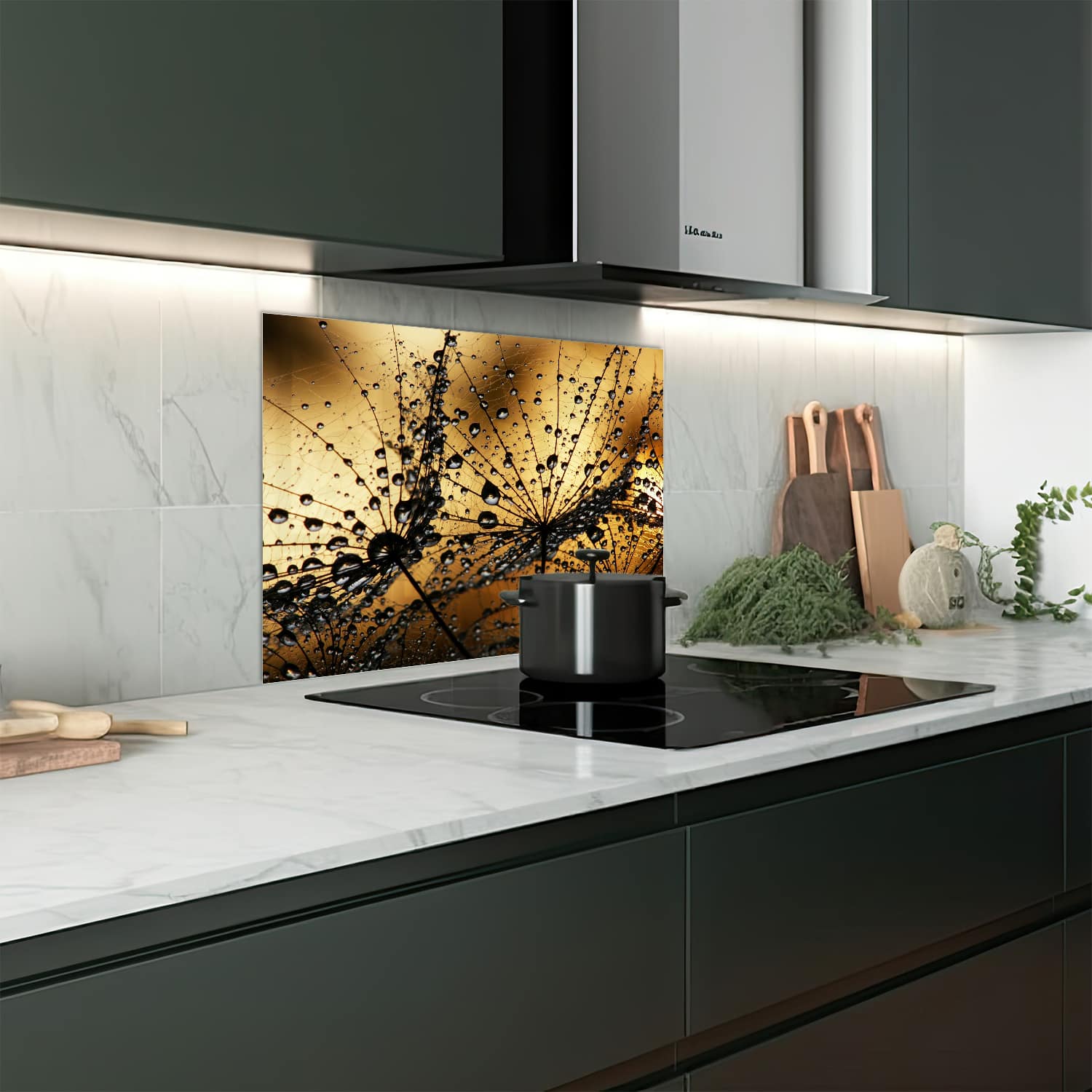 Eigen afmeting spatscherm-op-maat Keuken - Hittebestendig gehard glas - Nat Paardebloemzaad
