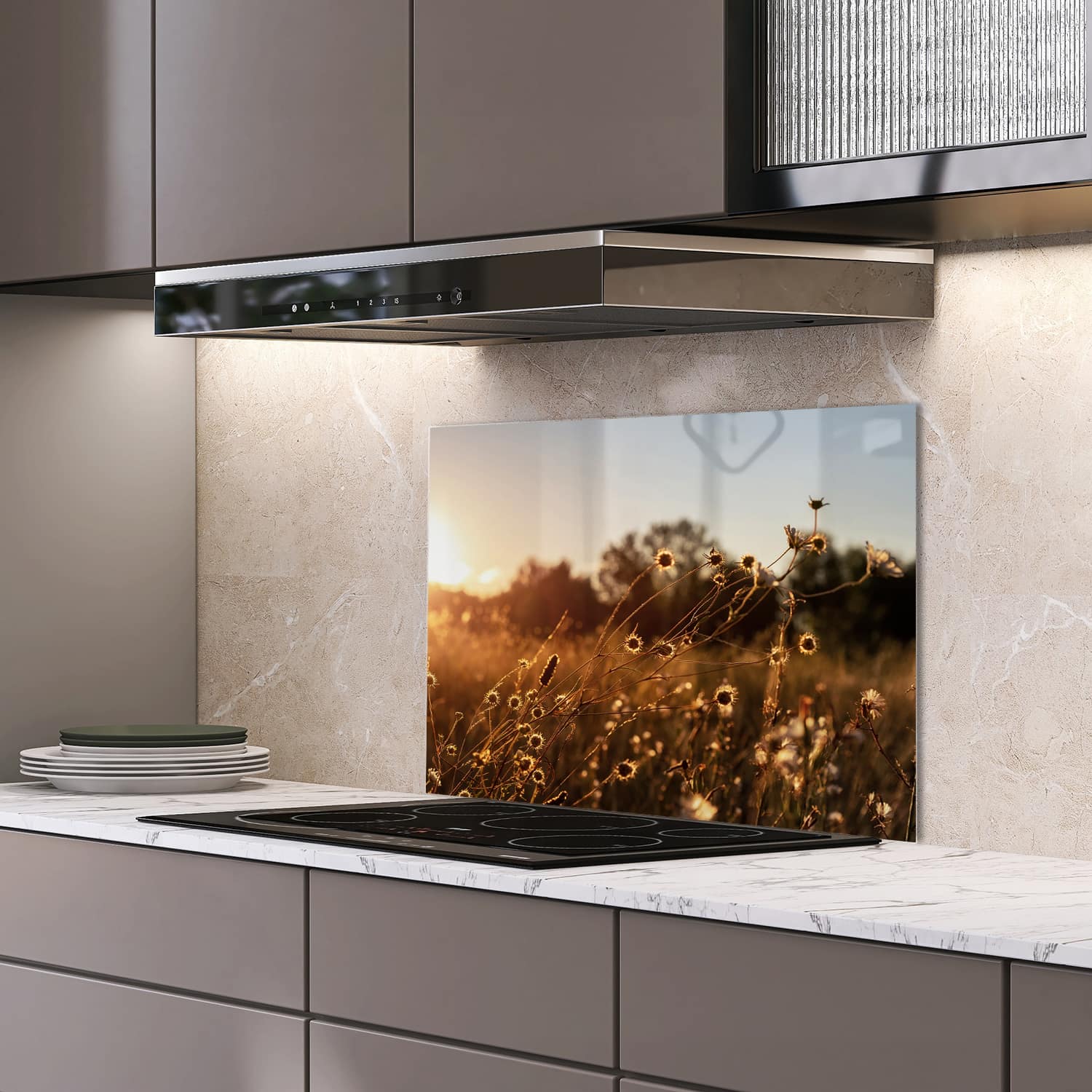 Eigen afmeting spatscherm-op-maat Keuken - Hittebestendig gehard glas - Zonsondergang in de Weide