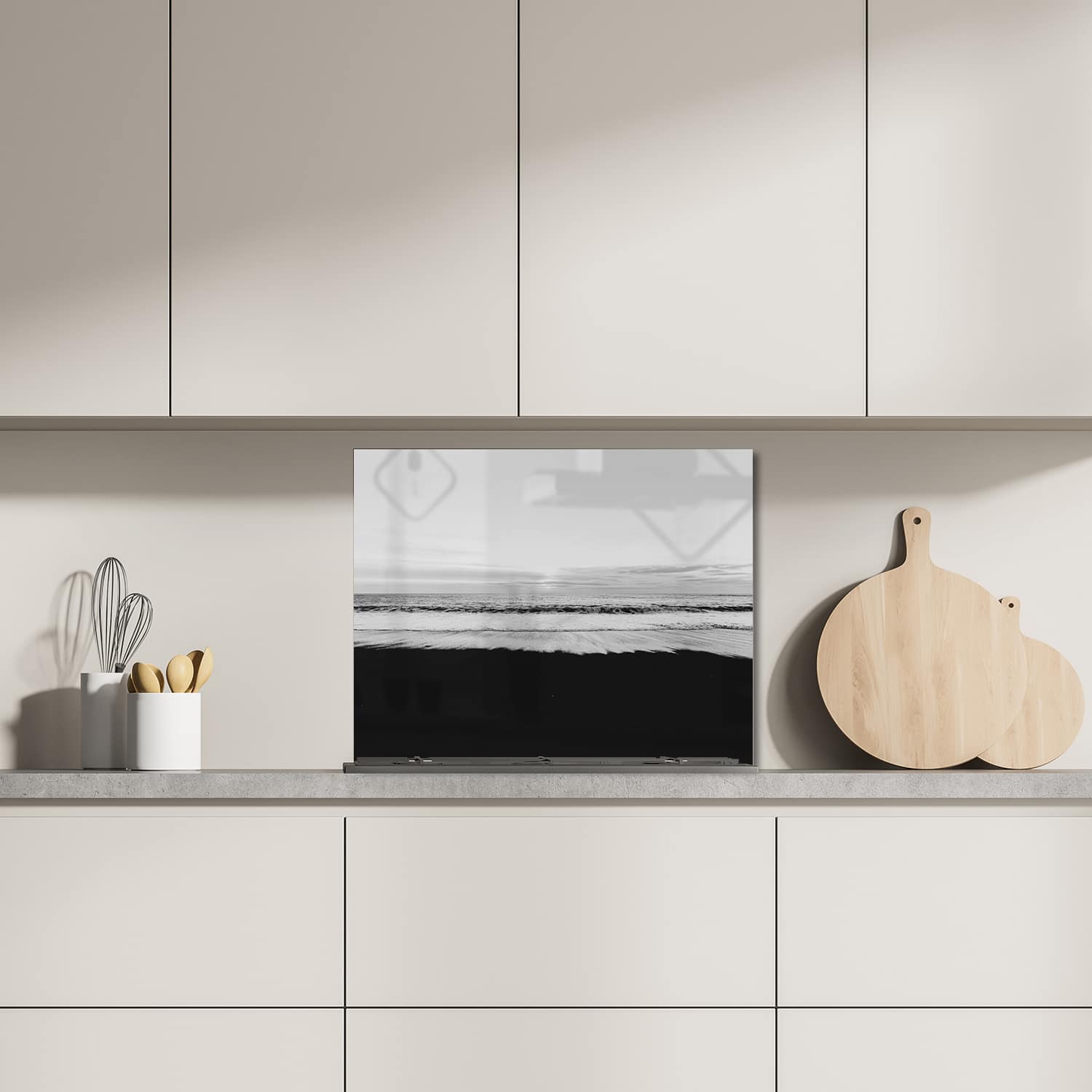 Eigen afmeting spatscherm-op-maat Keuken - Hittebestendig gehard glas - Zwart-Wit Strand