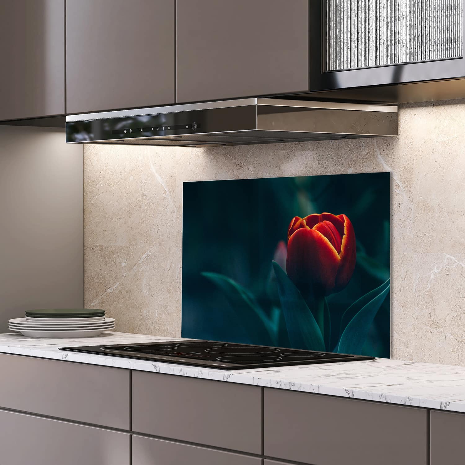 Eigen afmeting spatscherm-op-maat Keuken - Hittebestendig gehard glas - Dieprode Tulp