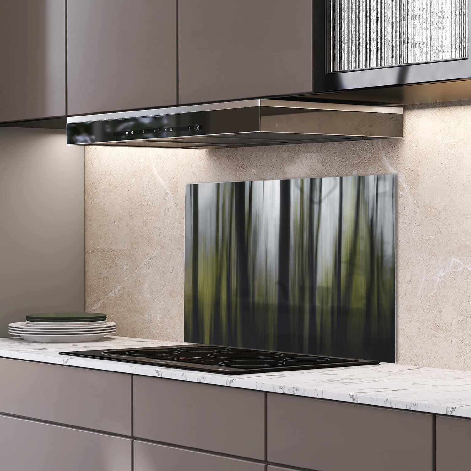 Eigen afmeting spatscherm-op-maat Keuken - Hittebestendig gehard glas - Abstract Boslandschap