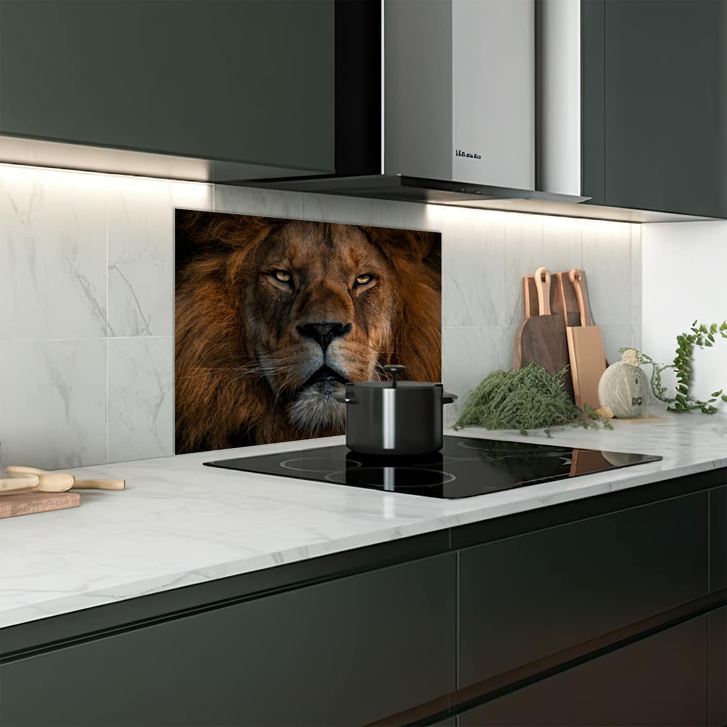 Eigen afmeting spatscherm-op-maat Keuken - Hittebestendig gehard glas - Leeuw in Close-up