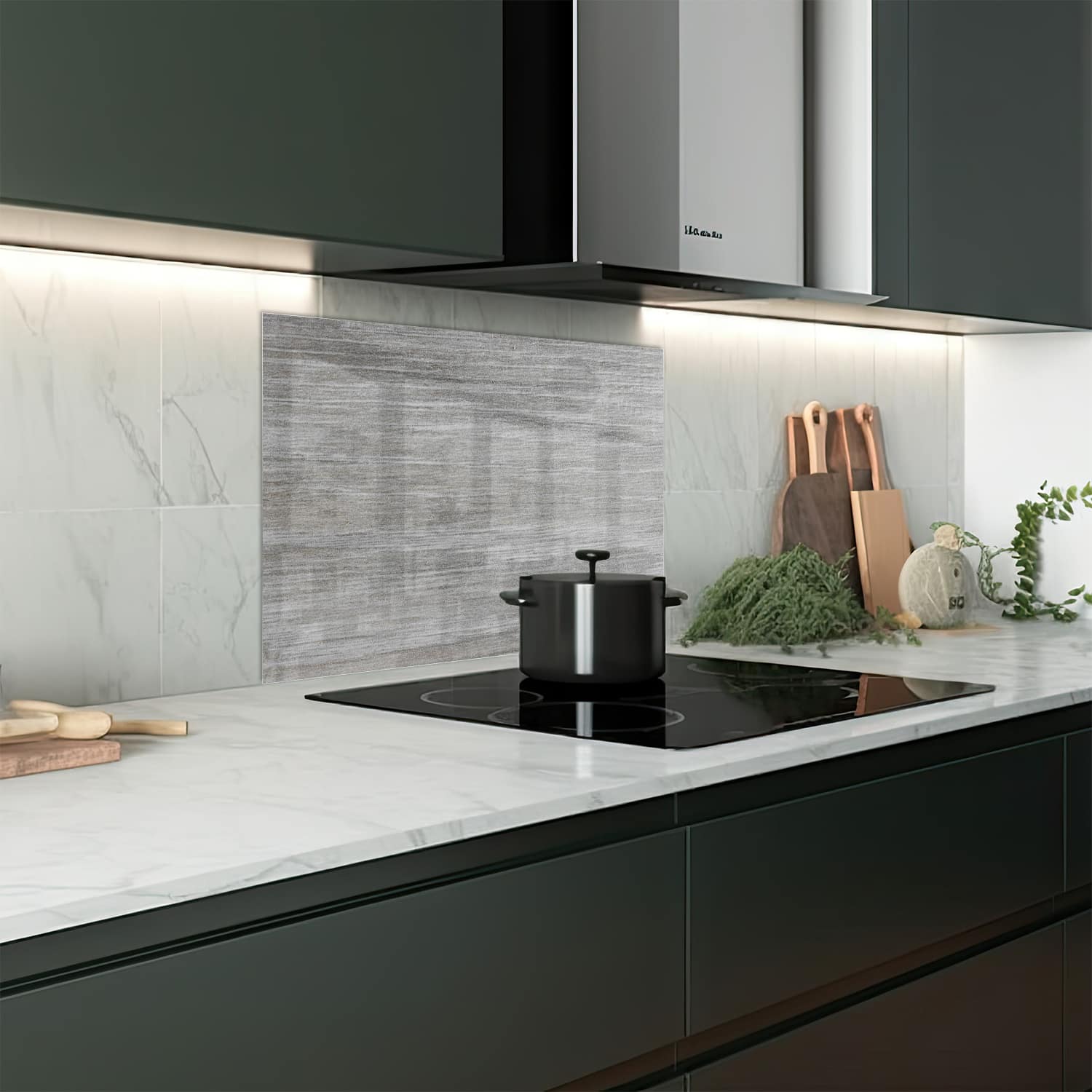 Eigen afmeting spatscherm-op-maat Keuken - Hittebestendig gehard glas - Grijs Hout Close-Up