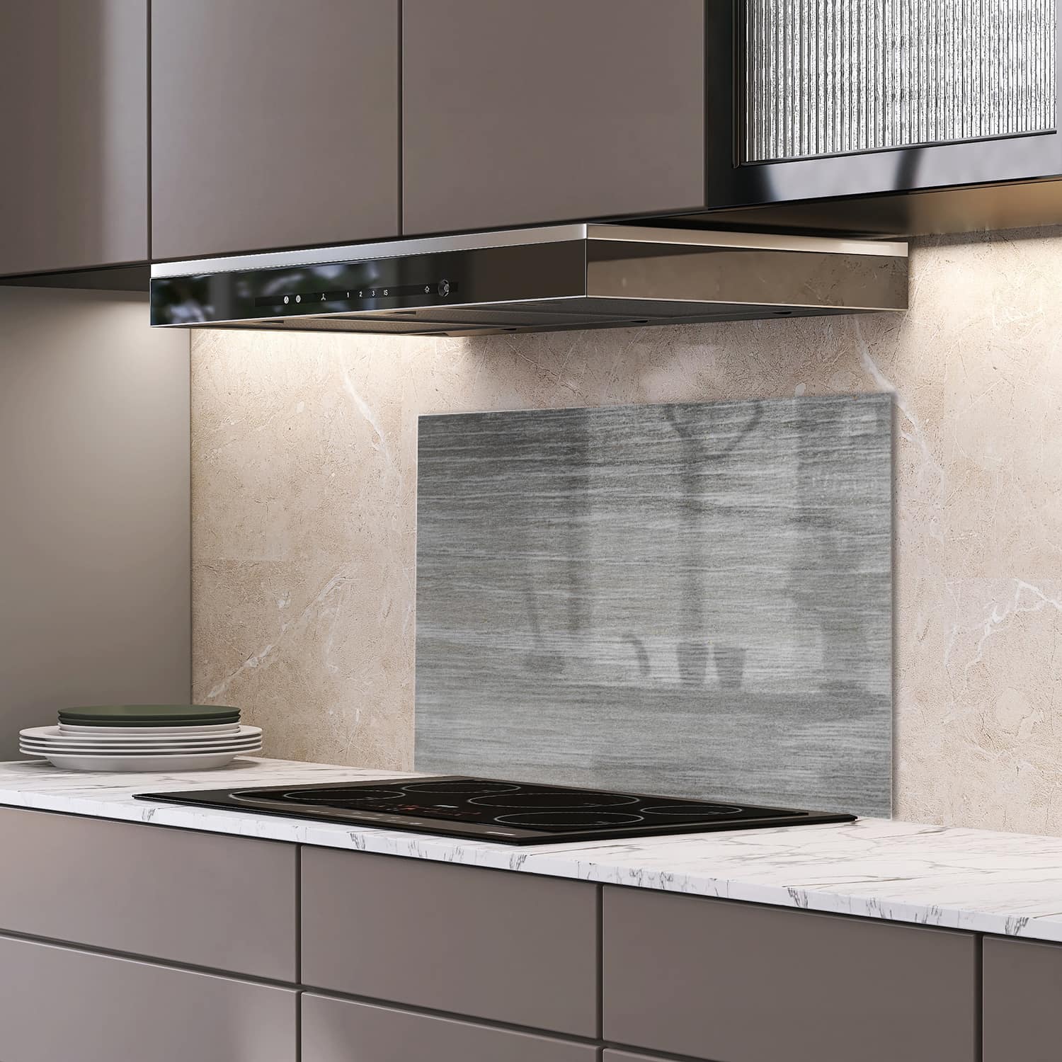 Eigen afmeting spatscherm-op-maat Keuken - Hittebestendig gehard glas - Grijs Hout Close-Up