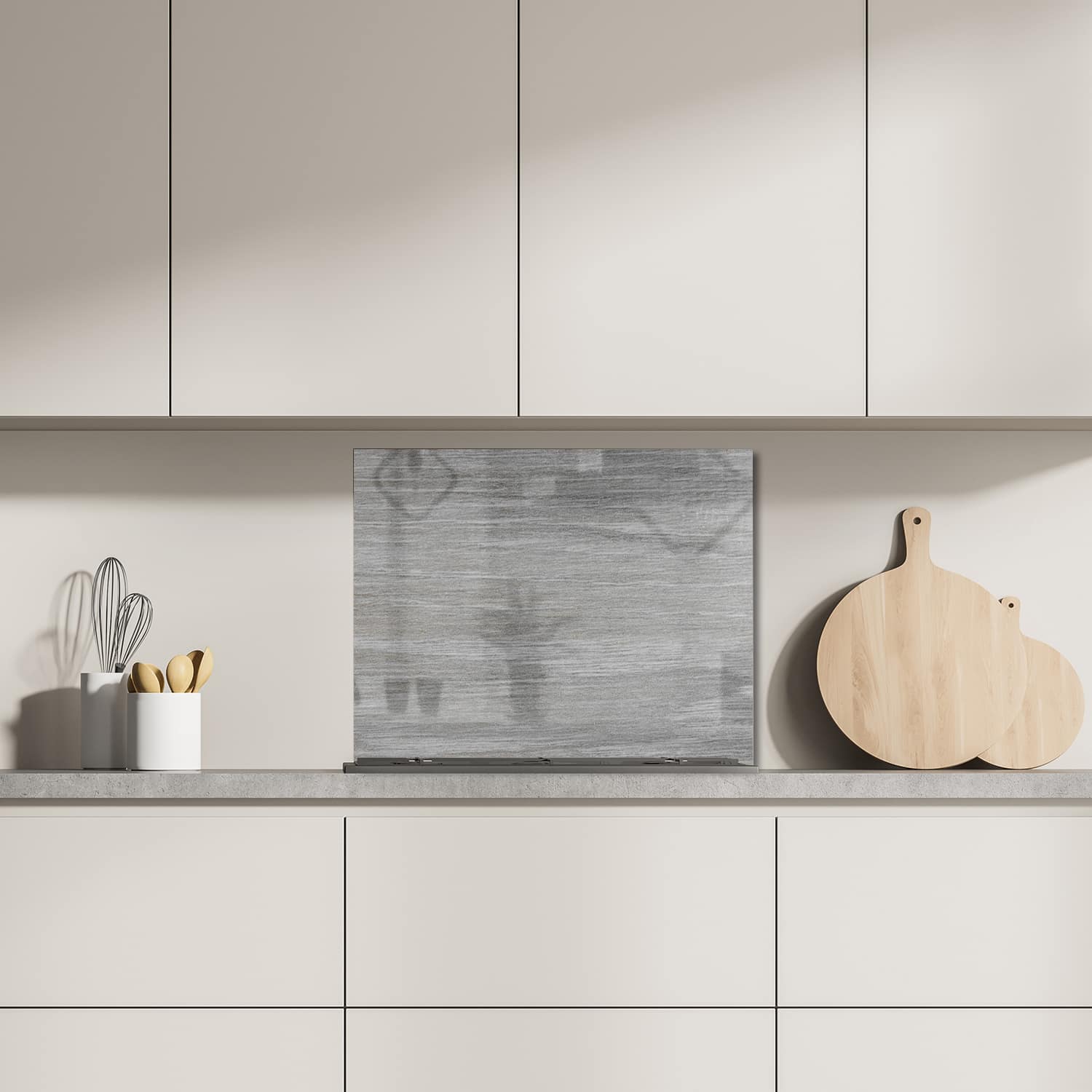 Eigen afmeting spatscherm-op-maat Keuken - Hittebestendig gehard glas - Grijs Hout Close-Up