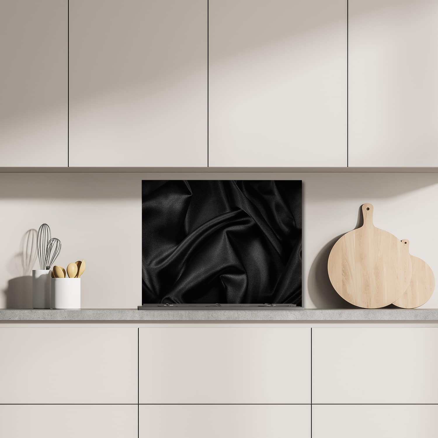 Eigen afmeting spatscherm-op-maat Keuken - Hittebestendig gehard glas - Zwarte Zijden Satijnen Textuur