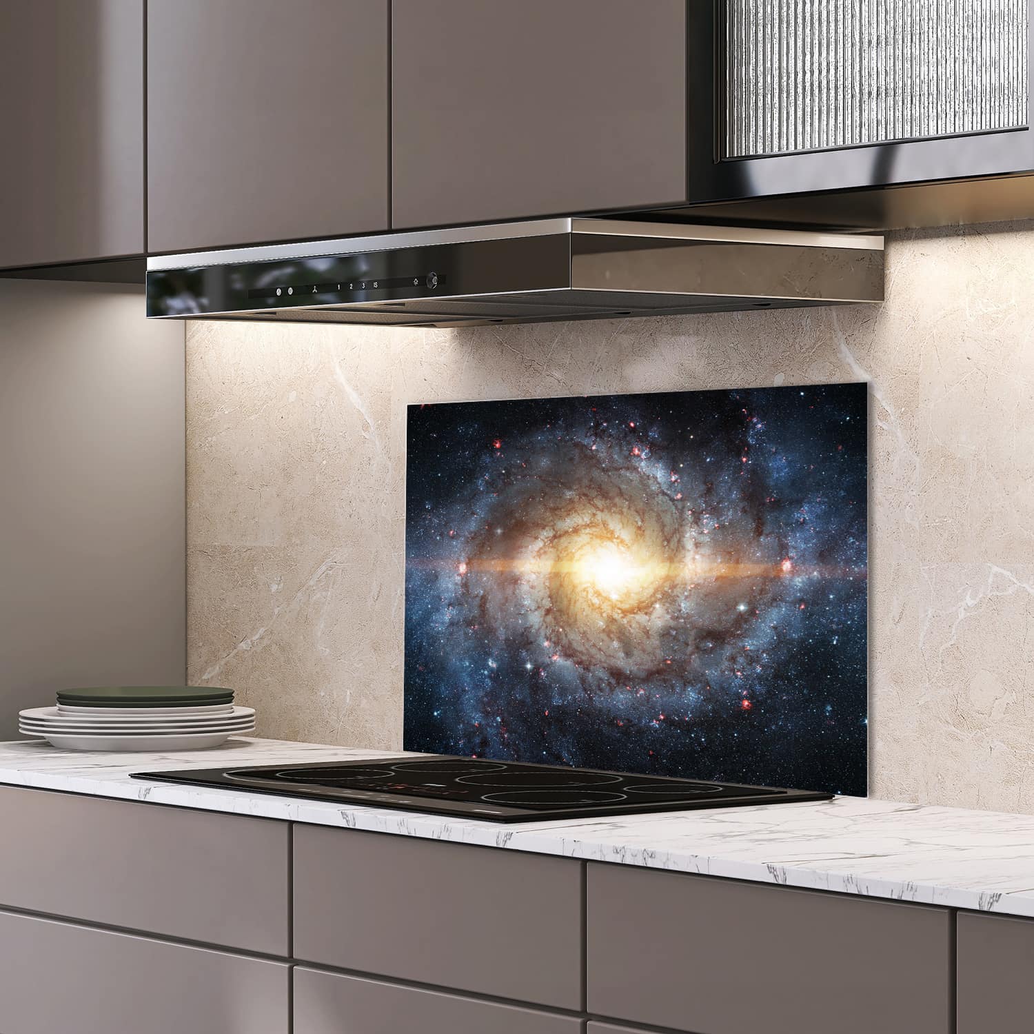 Eigen afmeting spatscherm-op-maat Keuken - Hittebestendig gehard glas - Nevel tussen de Sterren