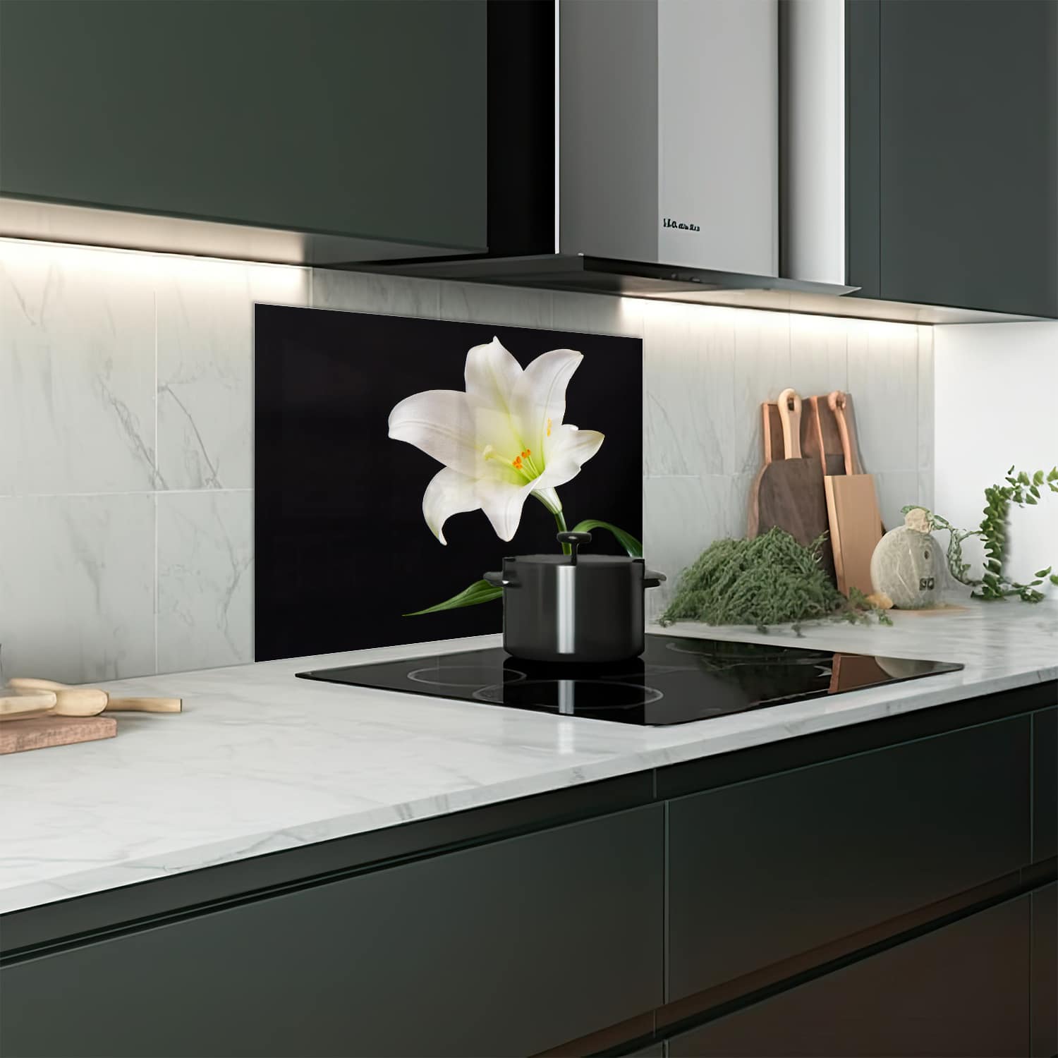 Eigen afmeting spatscherm-op-maat Keuken - Hittebestendig gehard glas - Witte Lelie