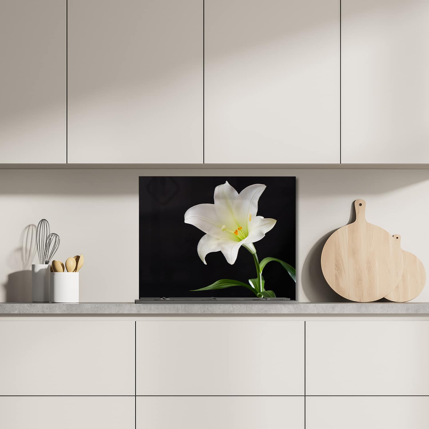 Eigen afmeting spatscherm-op-maat Keuken - Hittebestendig gehard glas - Witte Lelie