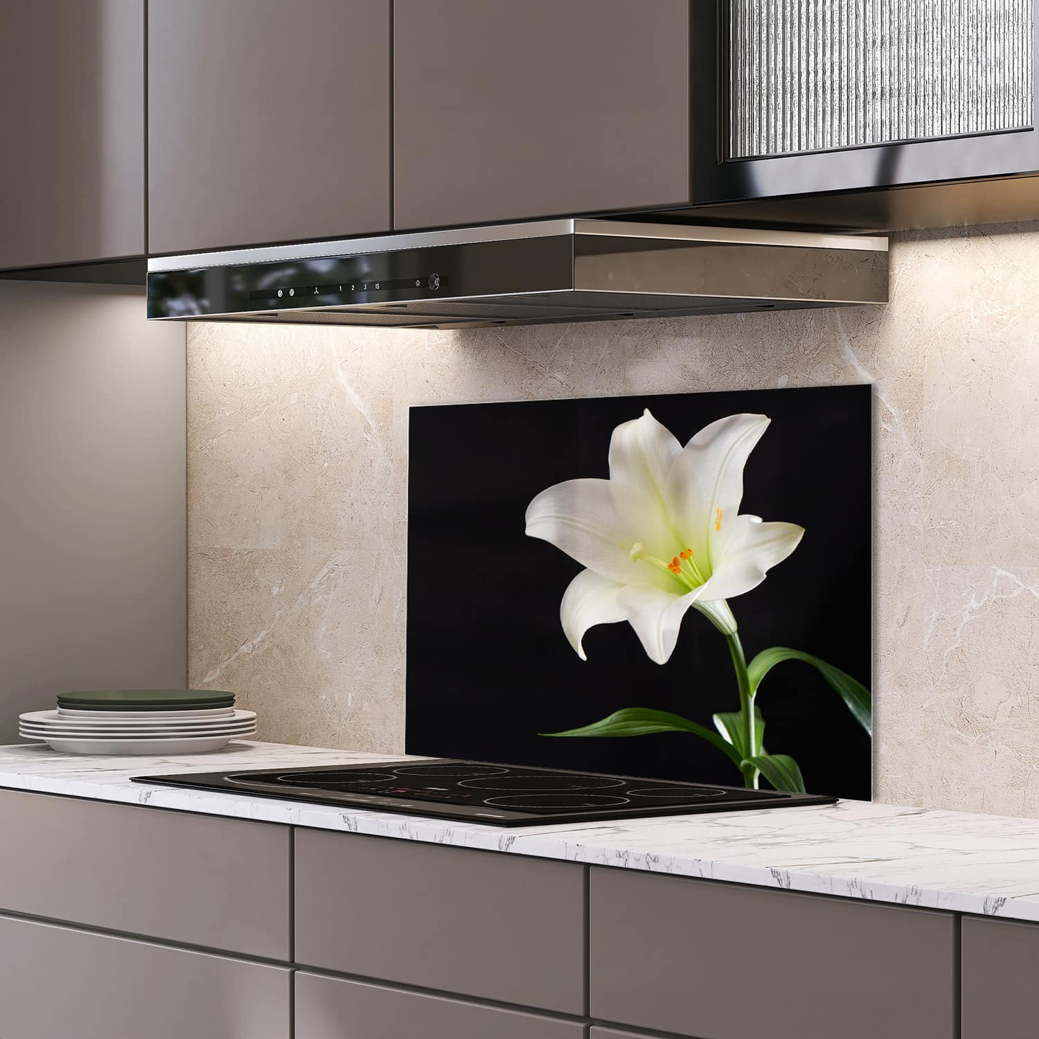 Eigen afmeting spatscherm-op-maat Keuken - Hittebestendig gehard glas - Witte Lelie