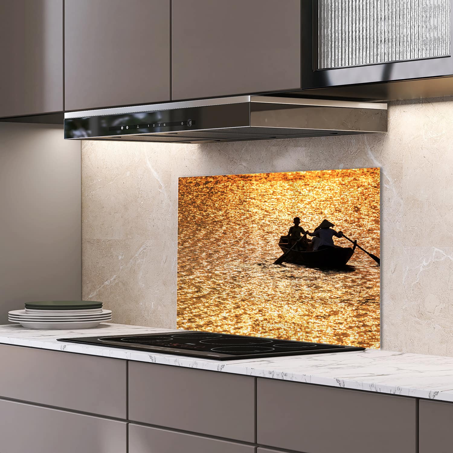 Eigen afmeting spatscherm-op-maat Keuken - Hittebestendig gehard glas - Varen bij Zonsondergang