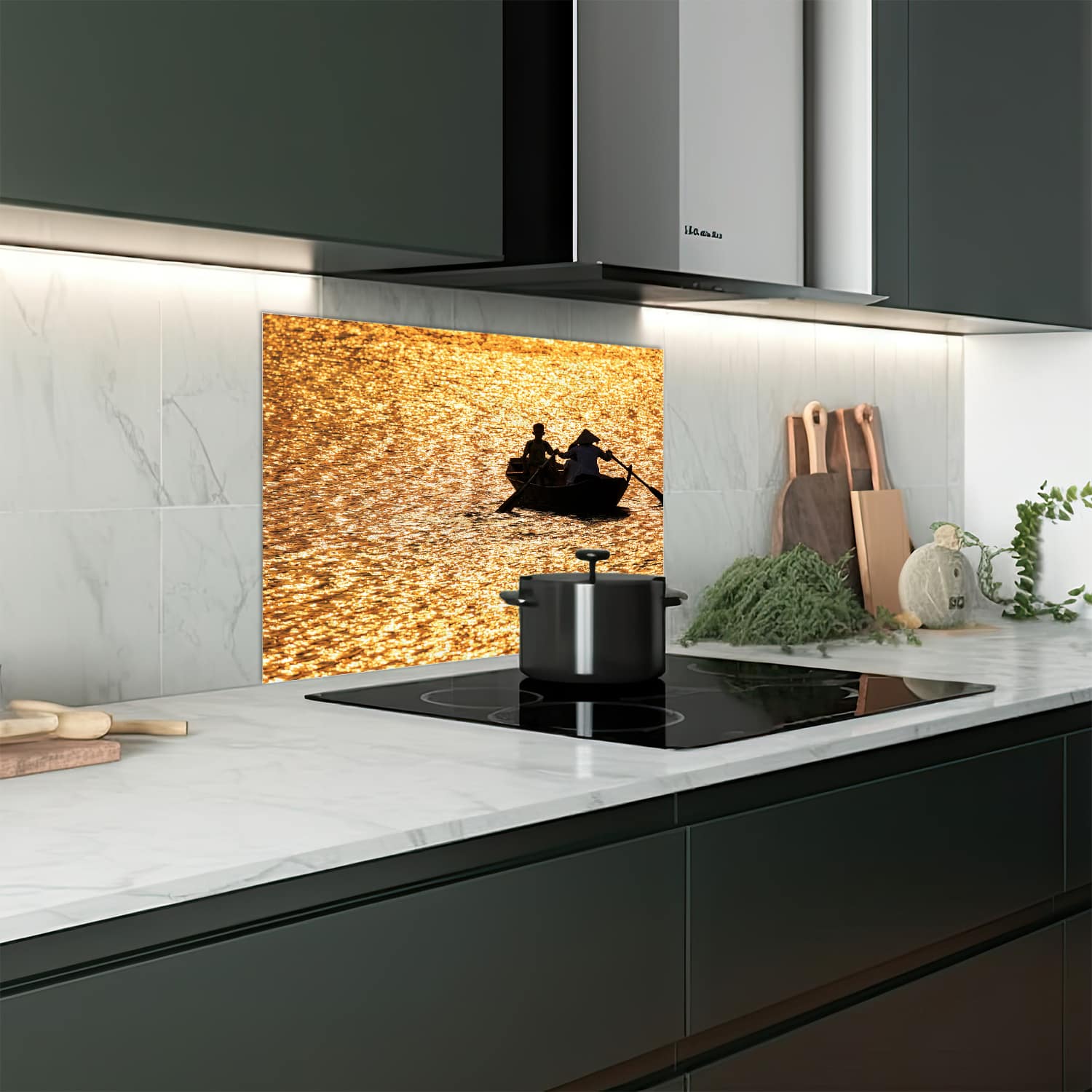 Eigen afmeting spatscherm-op-maat Keuken - Hittebestendig gehard glas - Varen bij Zonsondergang