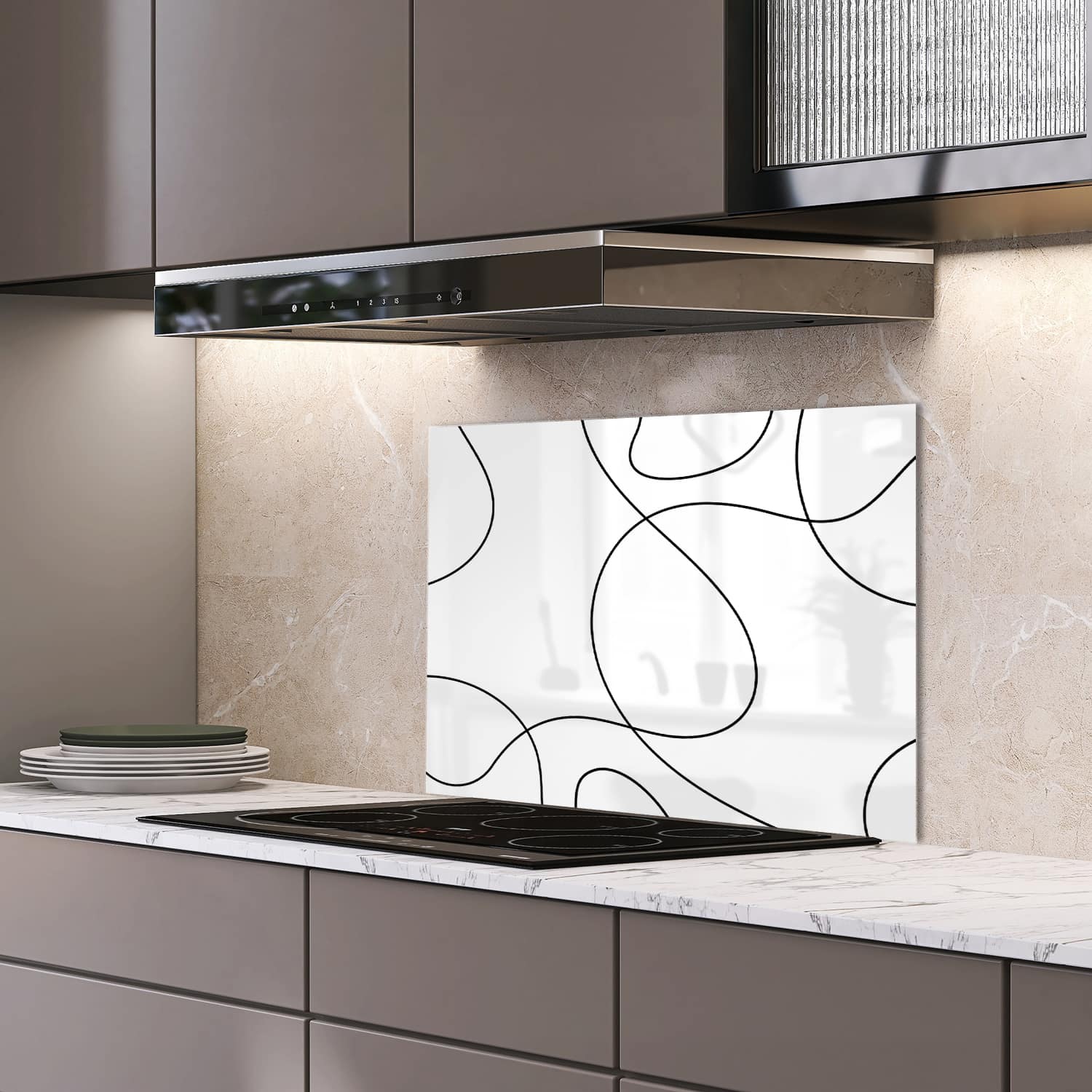 Eigen afmeting spatscherm-op-maat Keuken - Hittebestendig gehard glas - Golvende Lijnen