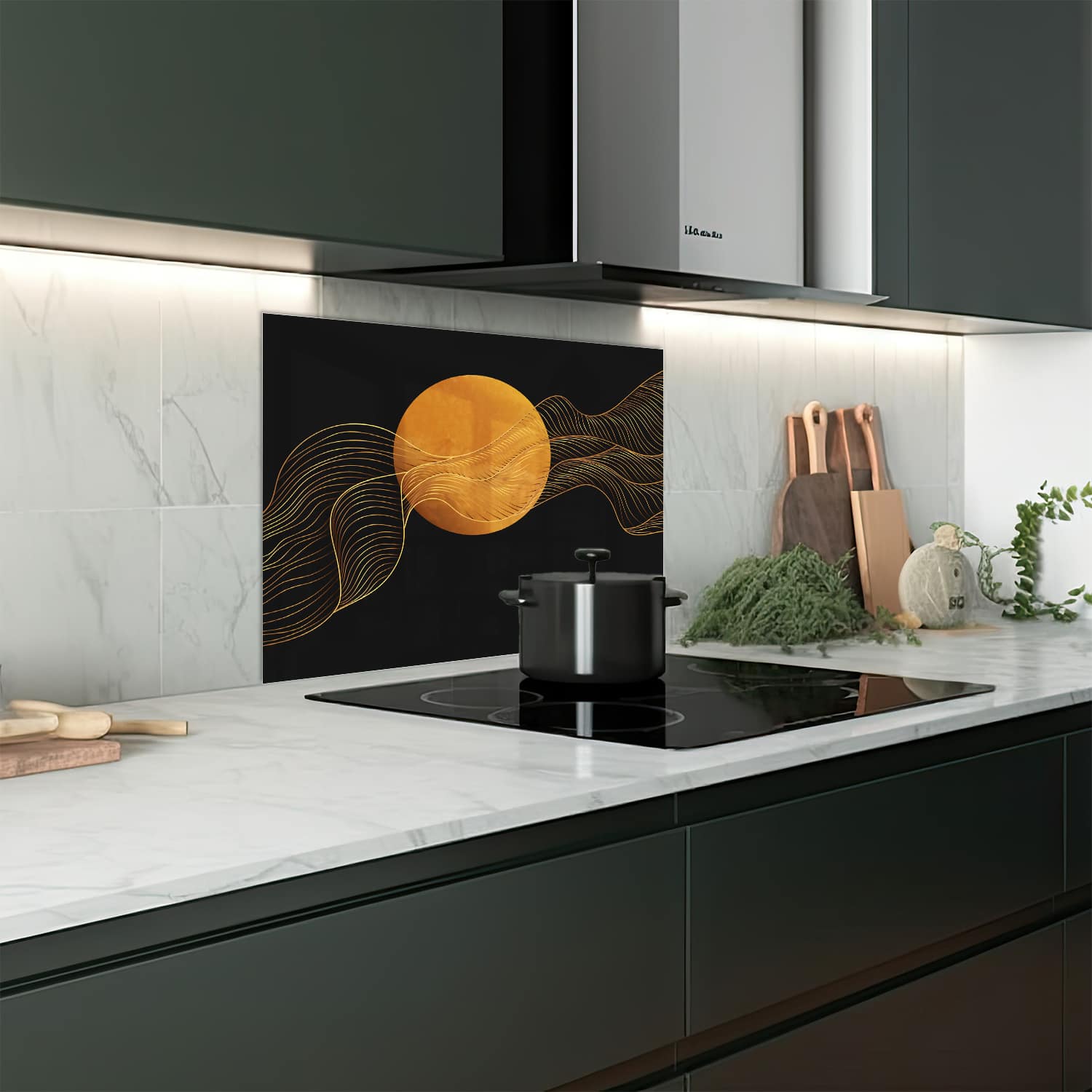 Eigen afmeting spatscherm-op-maat Keuken - Hittebestendig gehard glas - Gouden Abstracte Lijnen
