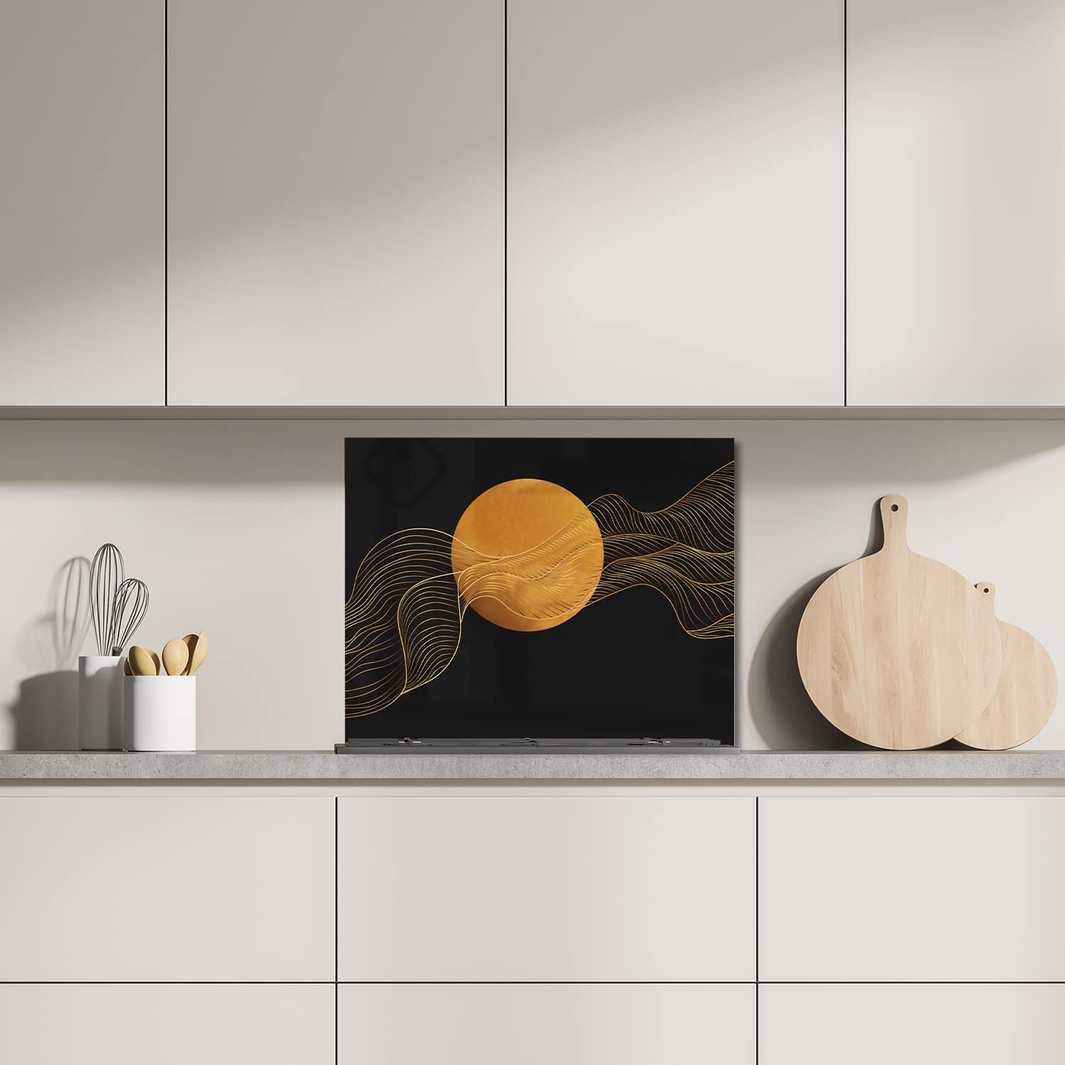 Eigen afmeting spatscherm-op-maat Keuken - Hittebestendig gehard glas - Gouden Abstracte Lijnen