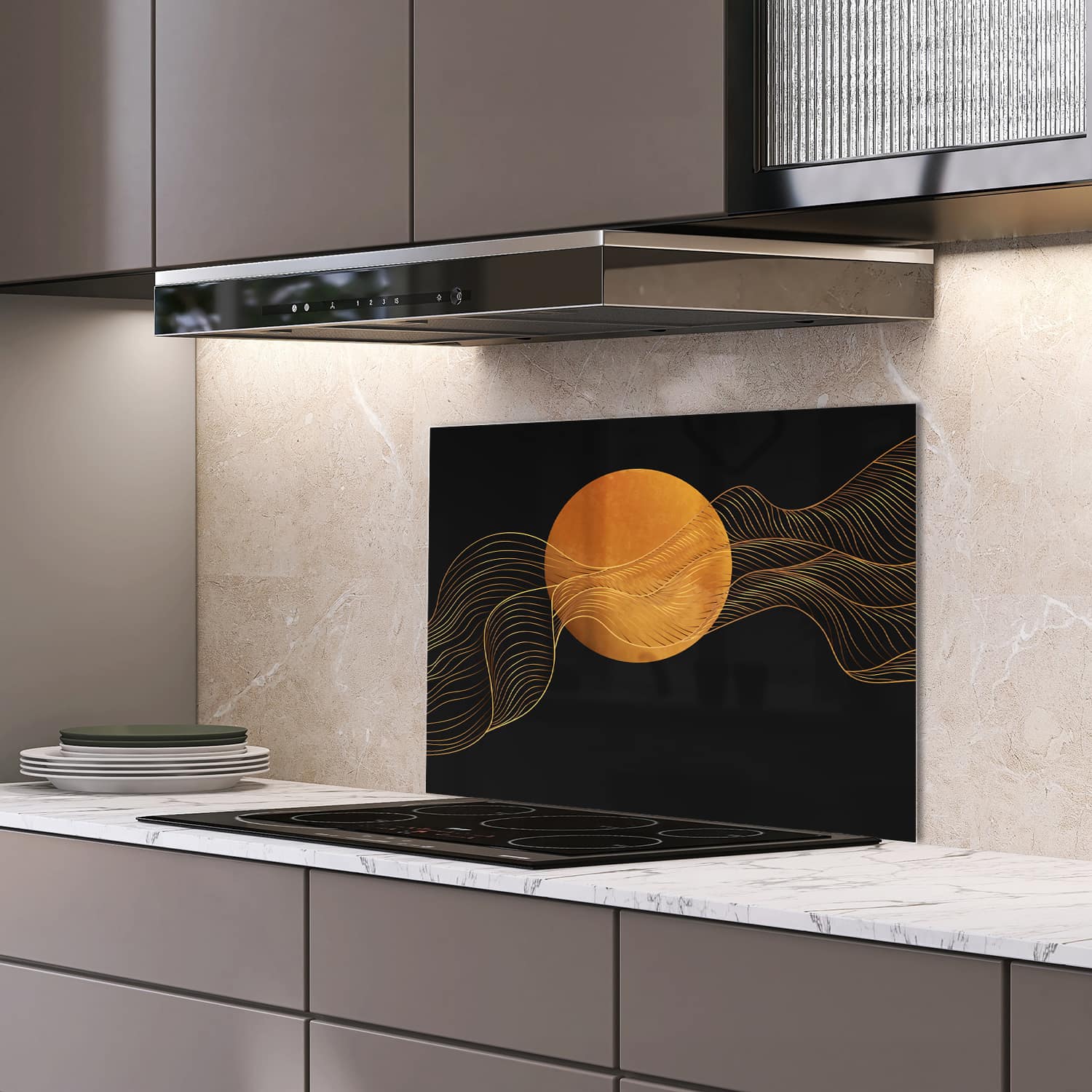 Eigen afmeting spatscherm-op-maat Keuken - Hittebestendig gehard glas - Gouden Abstracte Lijnen